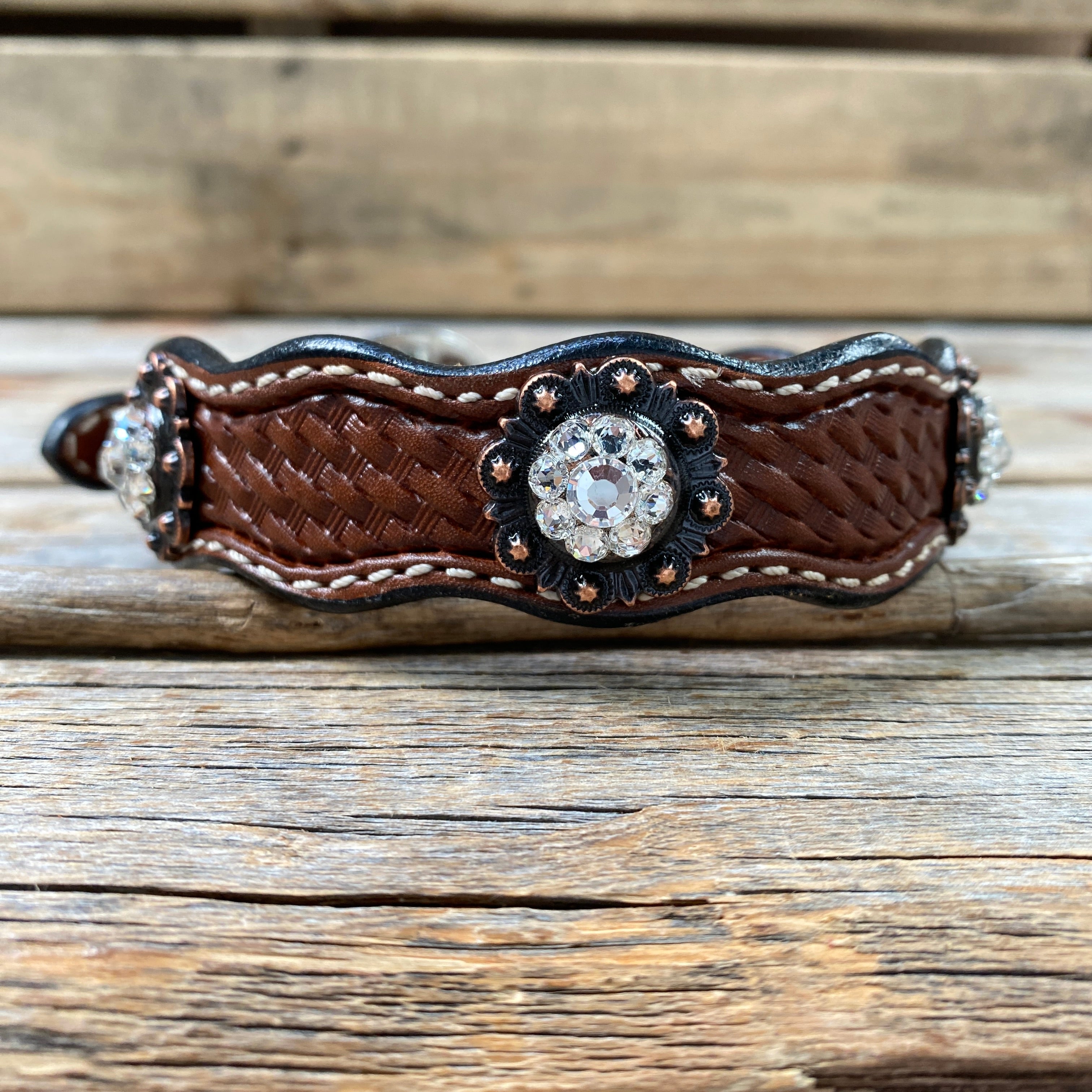 Genuine Leather Dog Collar With Copper Clear Conchos 10" to 22" -DC8 — view 3