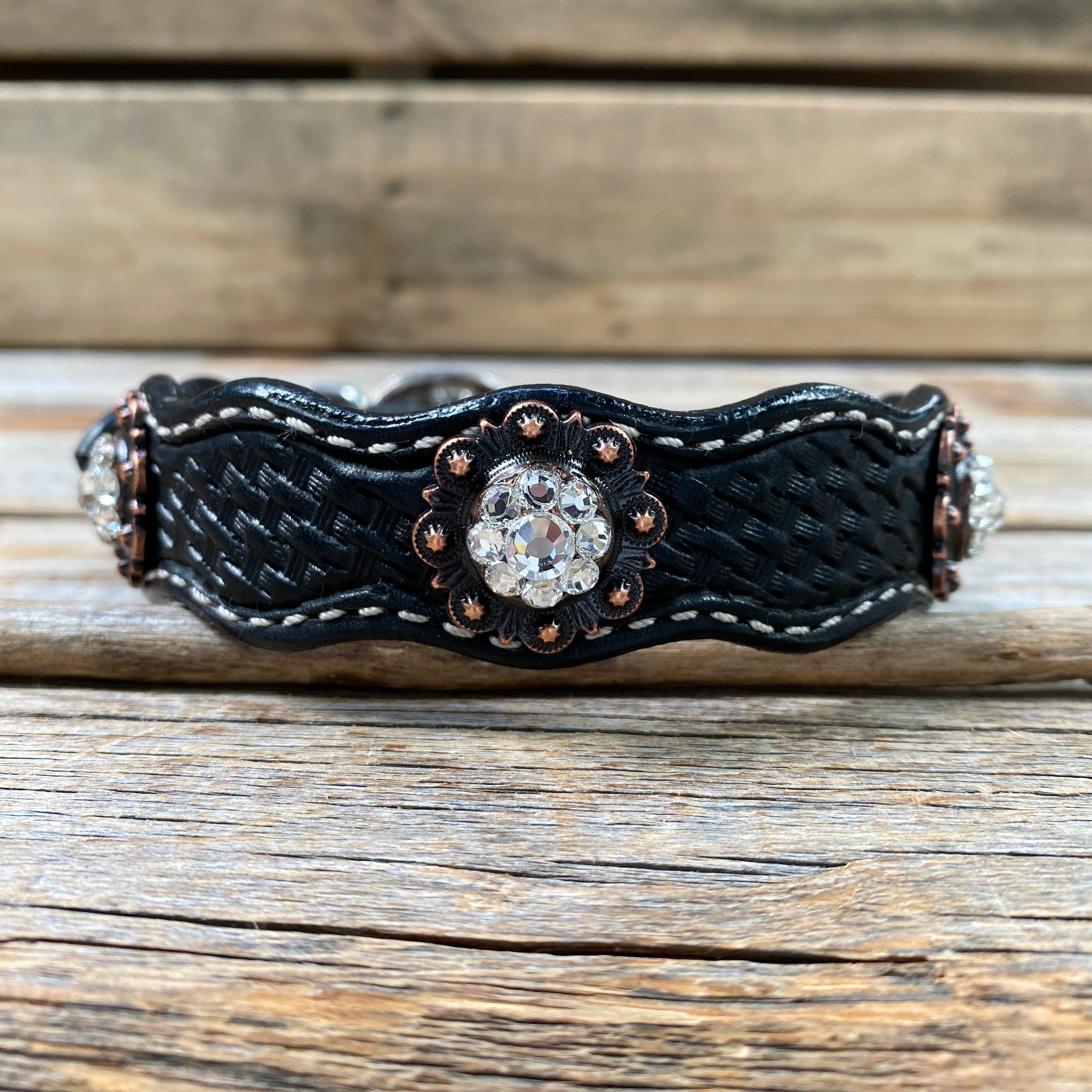 Genuine Leather Dog Collar With Copper Clear Conchos 10" to 22" -DC8 — view 4