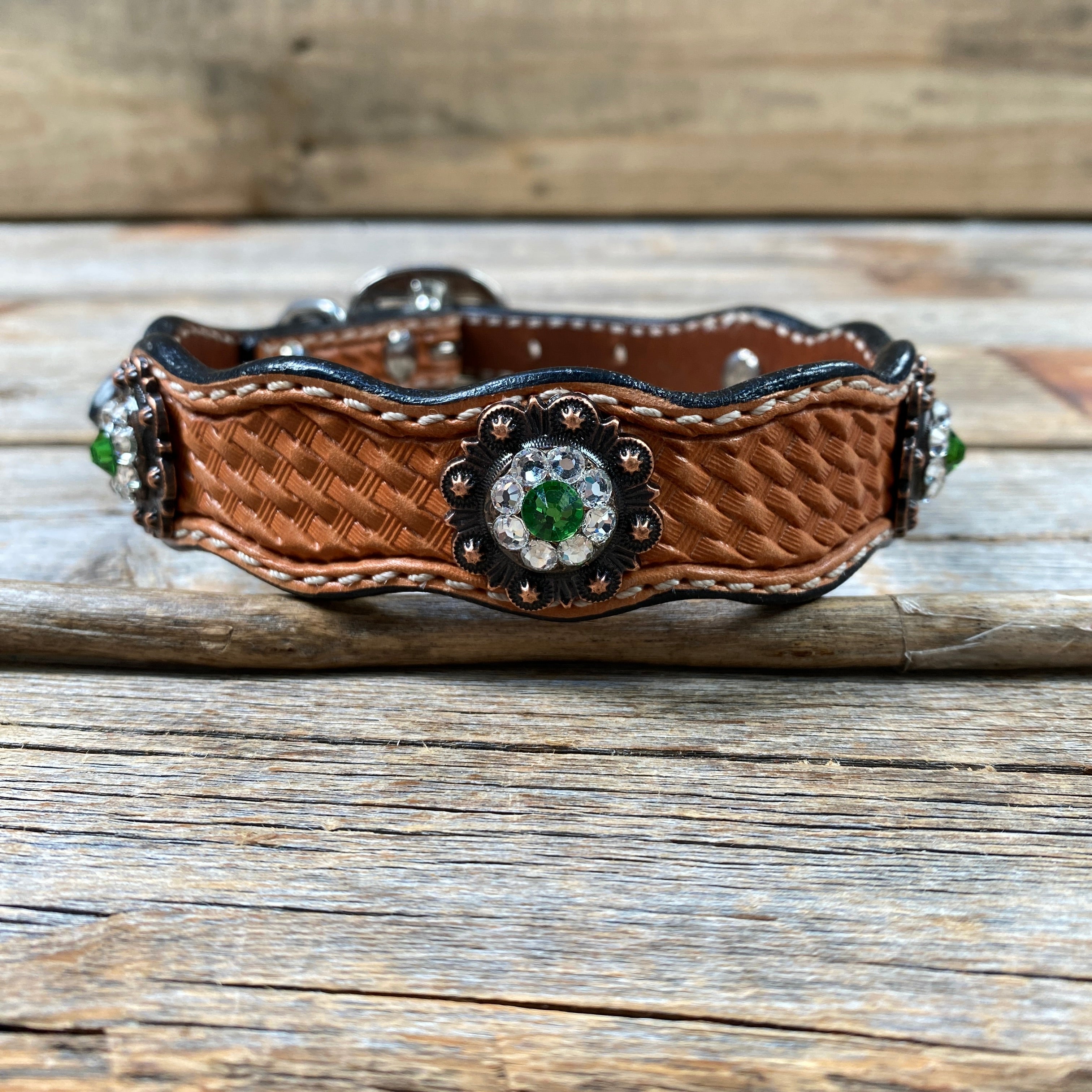 Genuine Leather Dog Collar With Copper Fern and Clear Conchos 10" to 22" -DC11 — view 2