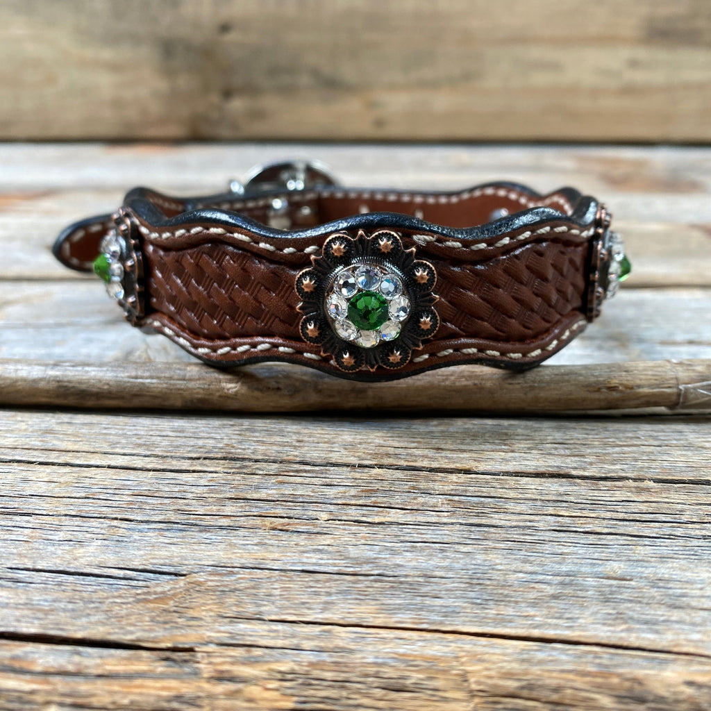 Genuine Leather Dog Collar With Copper Fern and Clear Conchos 10" to 22" -DC11 — view 3