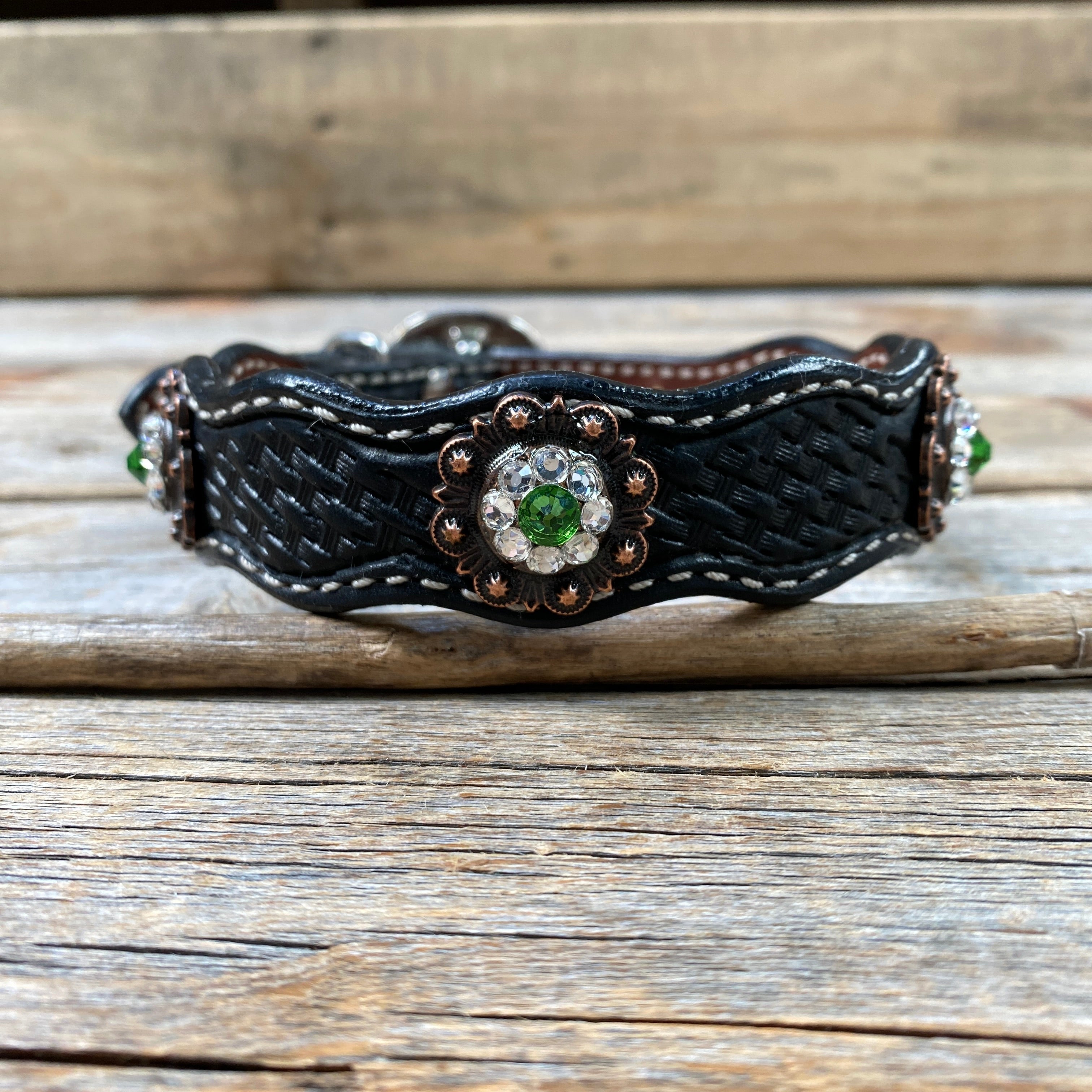 Genuine Leather Dog Collar With Copper Fern and Clear Conchos 10" to 22" -DC11 — view 4