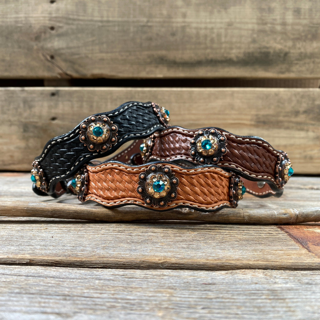 Genuine Leather Dog Collar or Leash With Copper Teal and Champagne Conchos 10" to 22" orDC24 — view 2