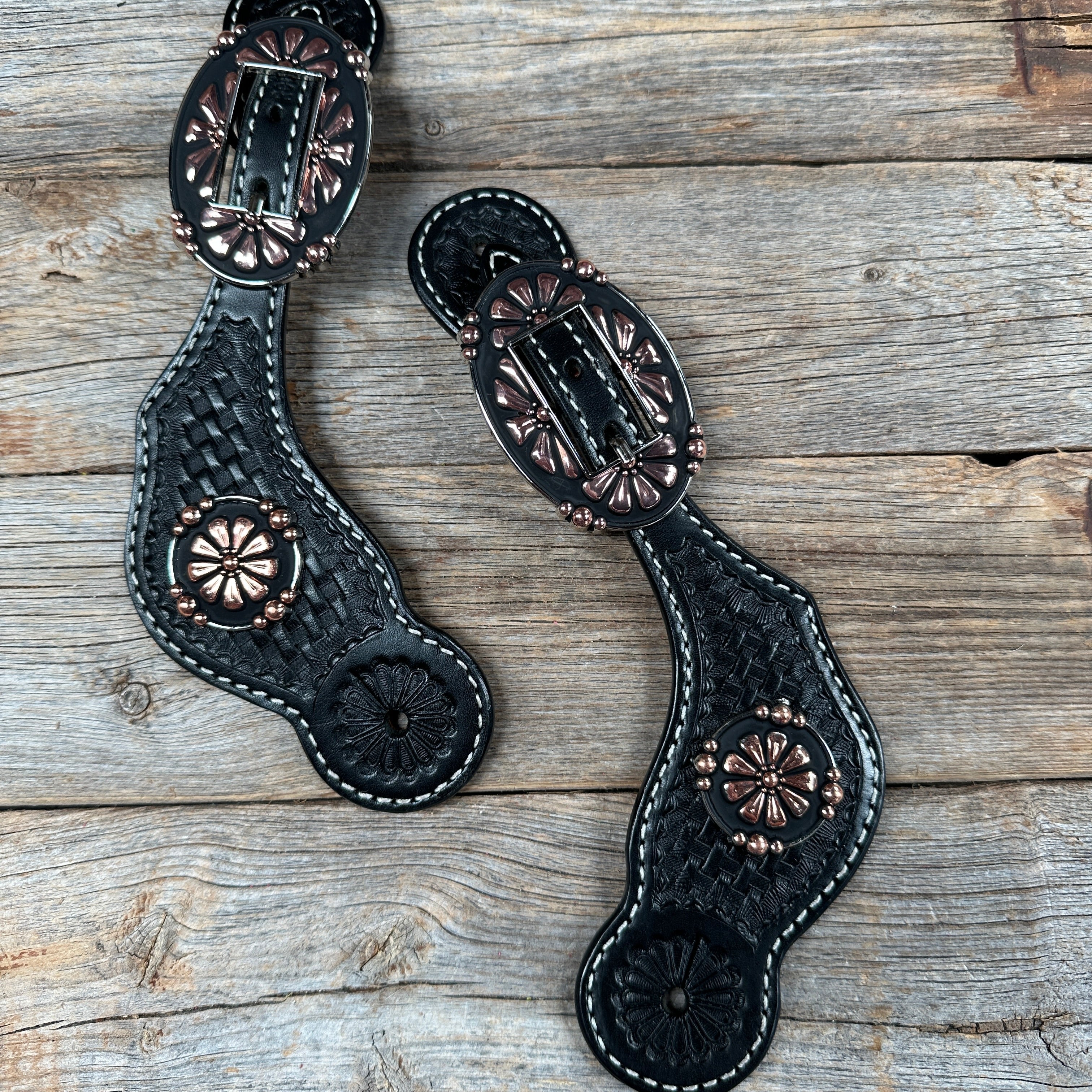 Black Basketweave Spur Straps - Copper Flower #SS119 — view 2