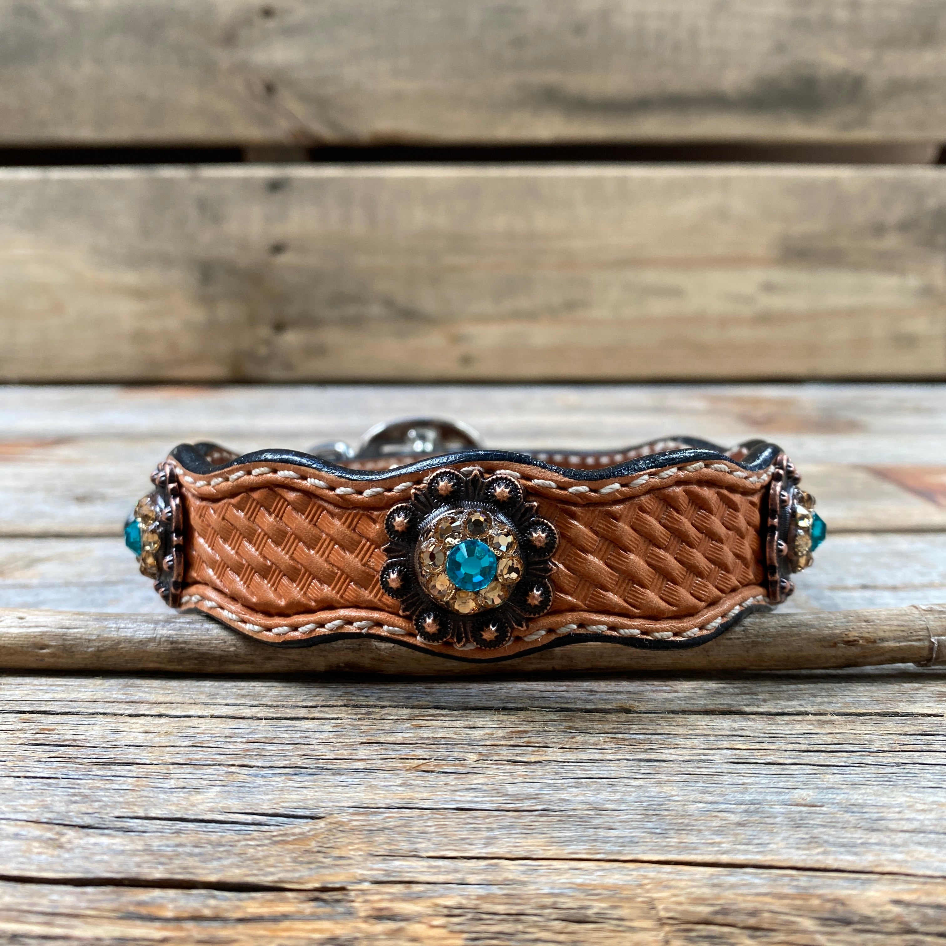 Genuine Leather Dog Collar or Leash With Copper Teal and Champagne Conchos 10" to 22" orDC24 — view 3
