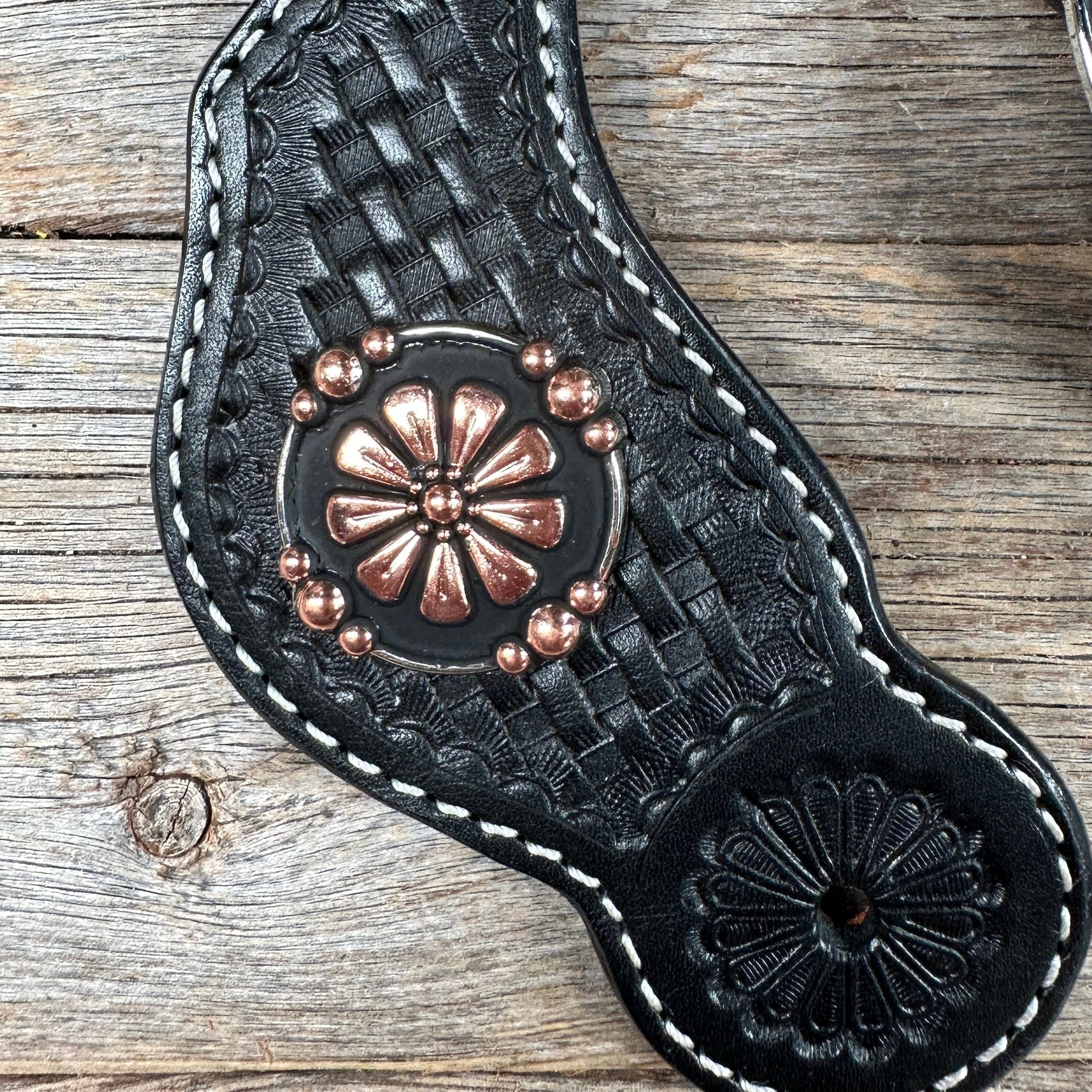 Black Basketweave Spur Straps - Copper Flower #SS119 — view 3
