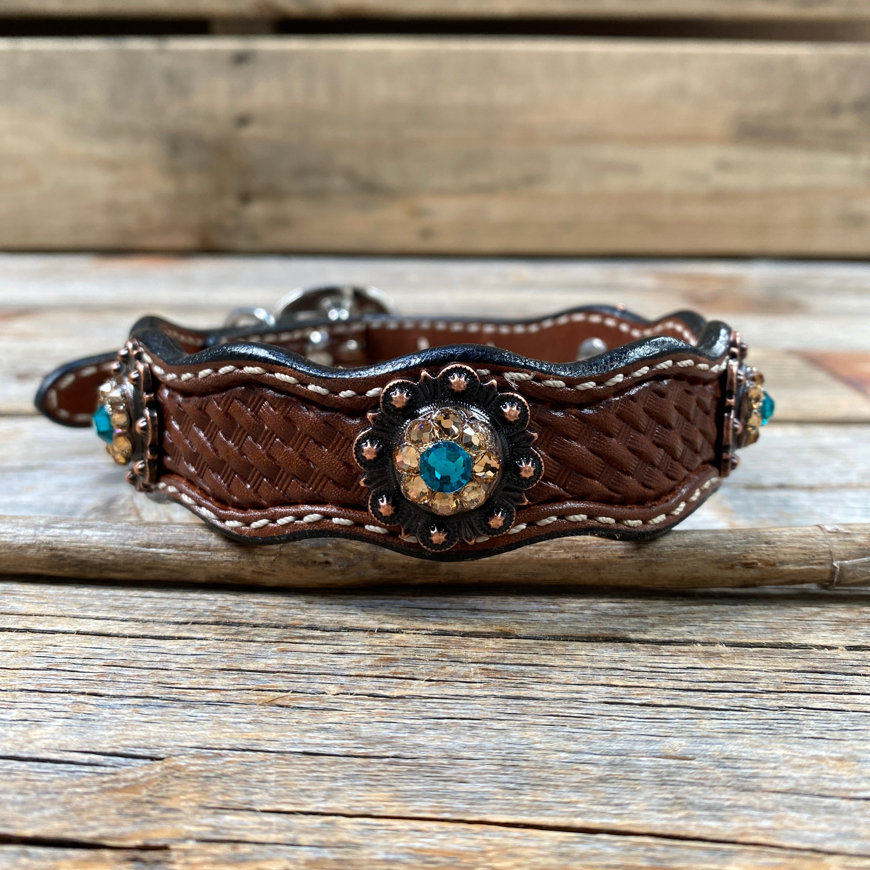 Genuine Leather Dog Collar or Leash With Copper Teal and Champagne Conchos 10" to 22" orDC24 — view 4