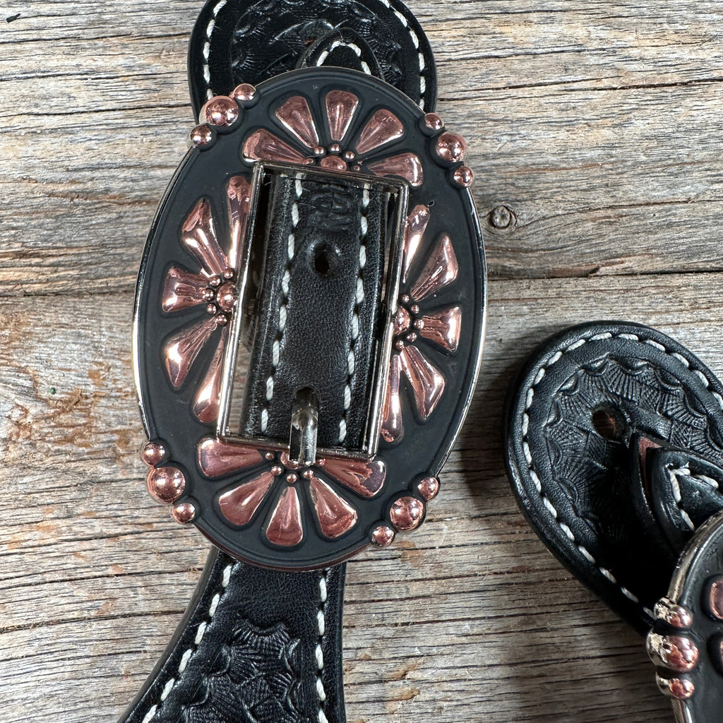 Black Basketweave Spur Straps - Copper Flower #SS119 — view 4
