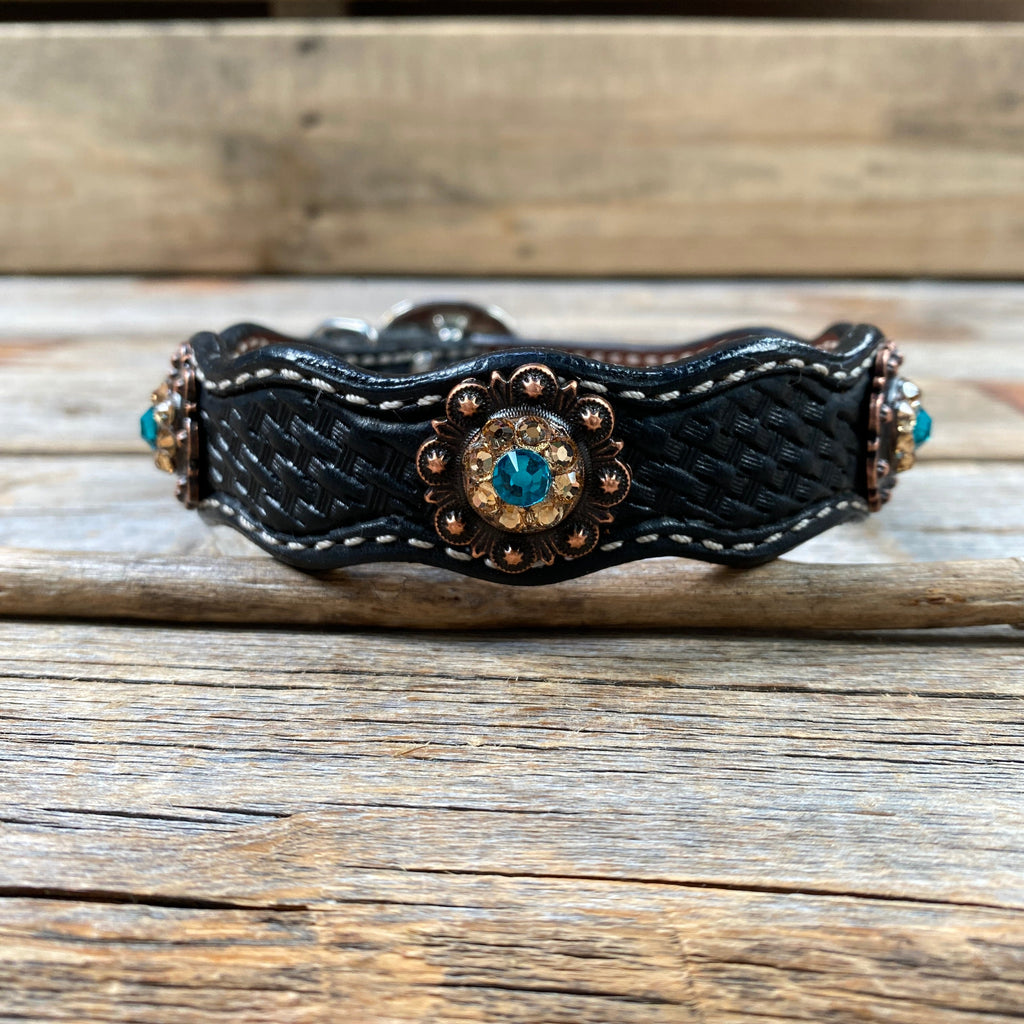 Genuine Leather Dog Collar or Leash With Copper Teal and Champagne Conchos 10" to 22" orDC24 — view 5