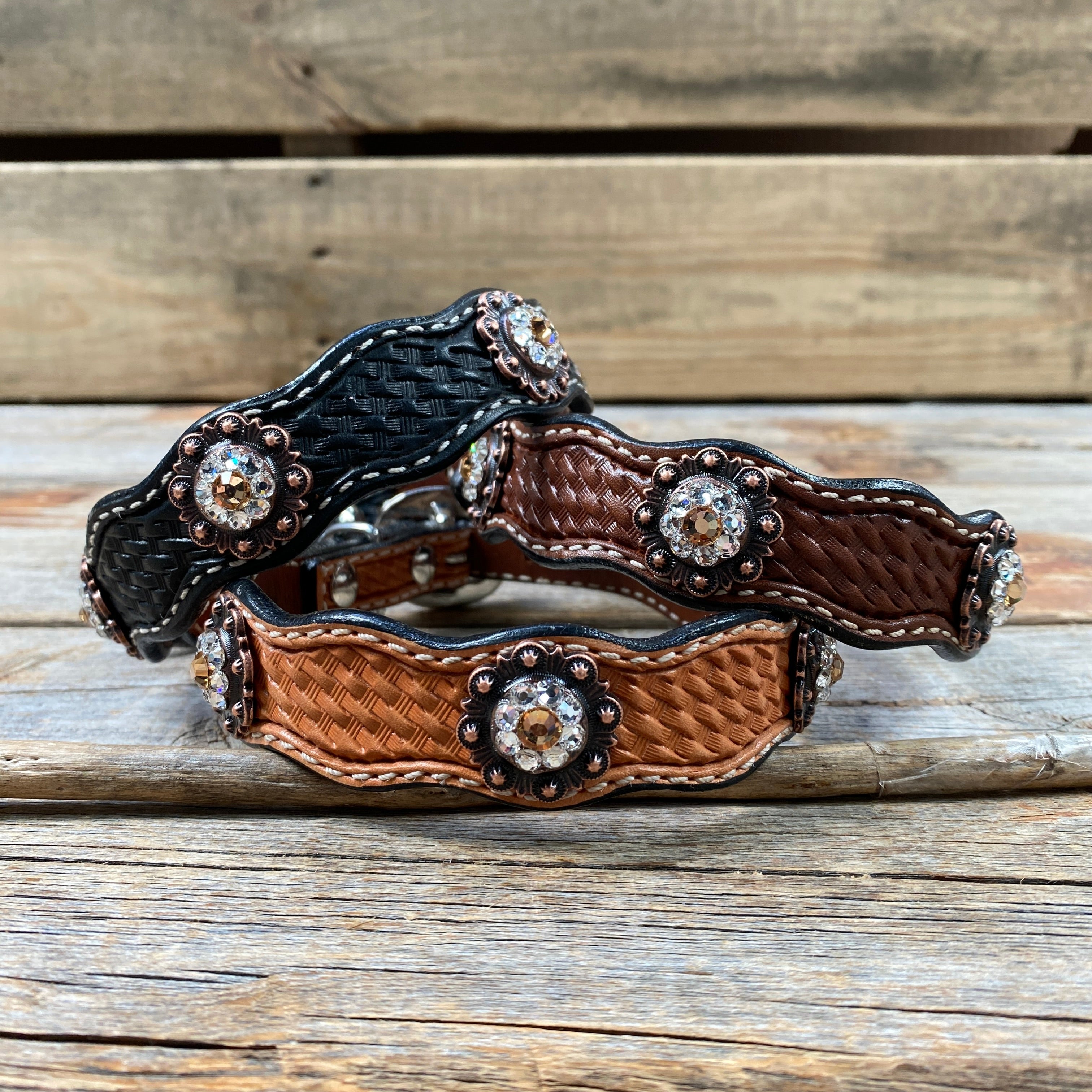 Genuine Leather Dog Collar With Copper Champagne and Clear Conchos 10" to 22" -DC34