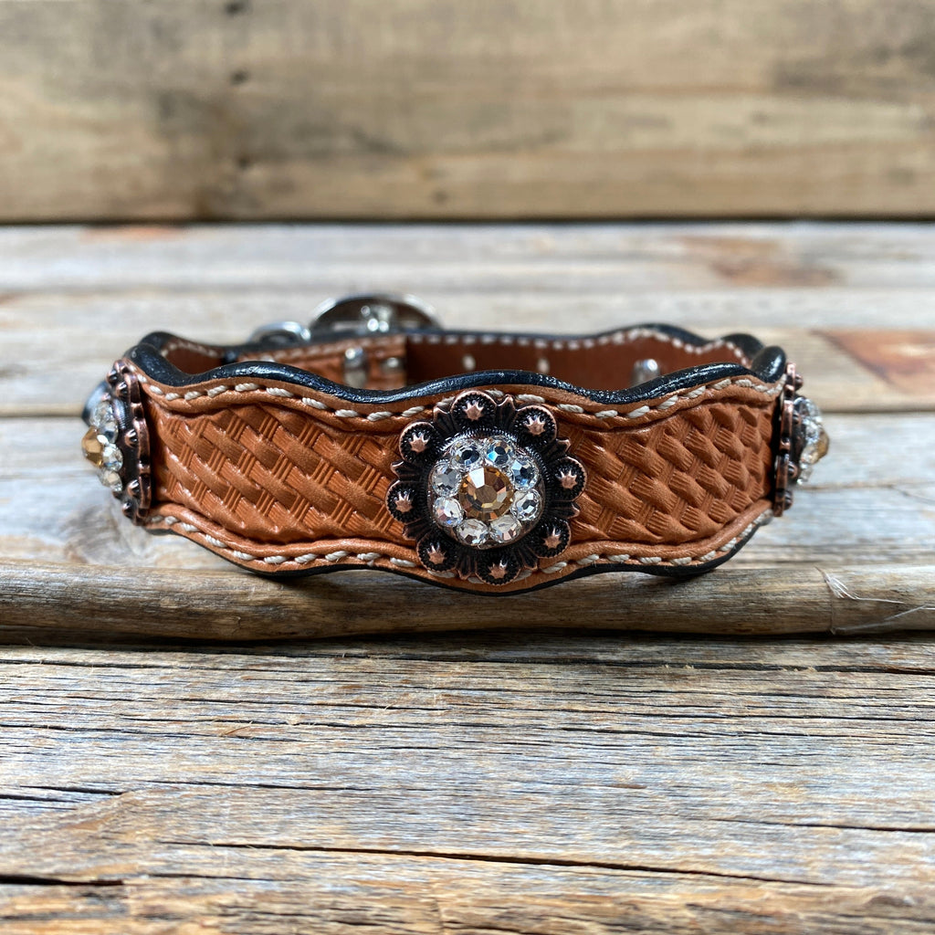 Genuine Leather Dog Collar With Copper Champagne and Clear Conchos 10" to 22" -DC34 — view 2