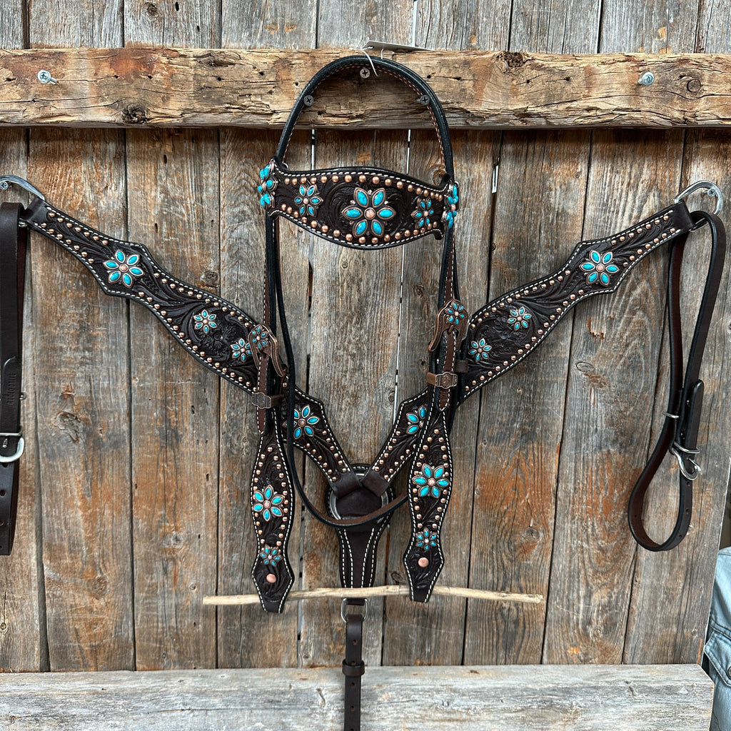 Dark Oil Turquoise Floral One Ear / Browband & Breastcollar Tack Set #OEBC433 — view 2