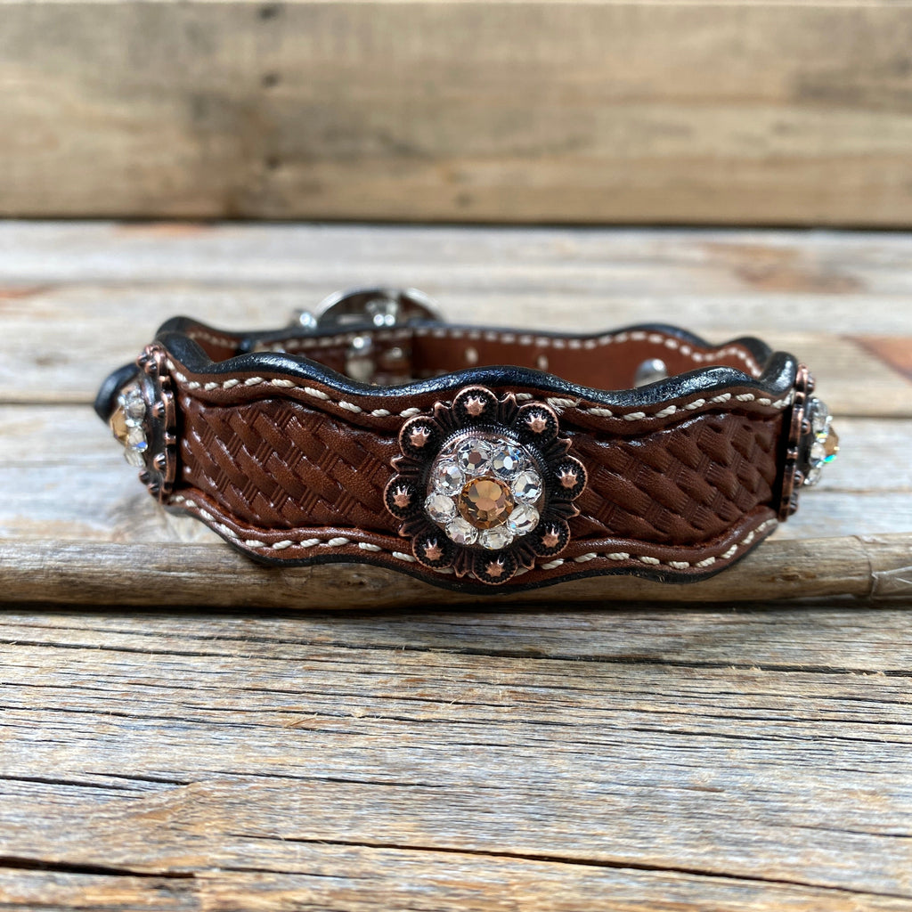 Genuine Leather Dog Collar With Copper Champagne and Clear Conchos 10" to 22" -DC34 — view 3