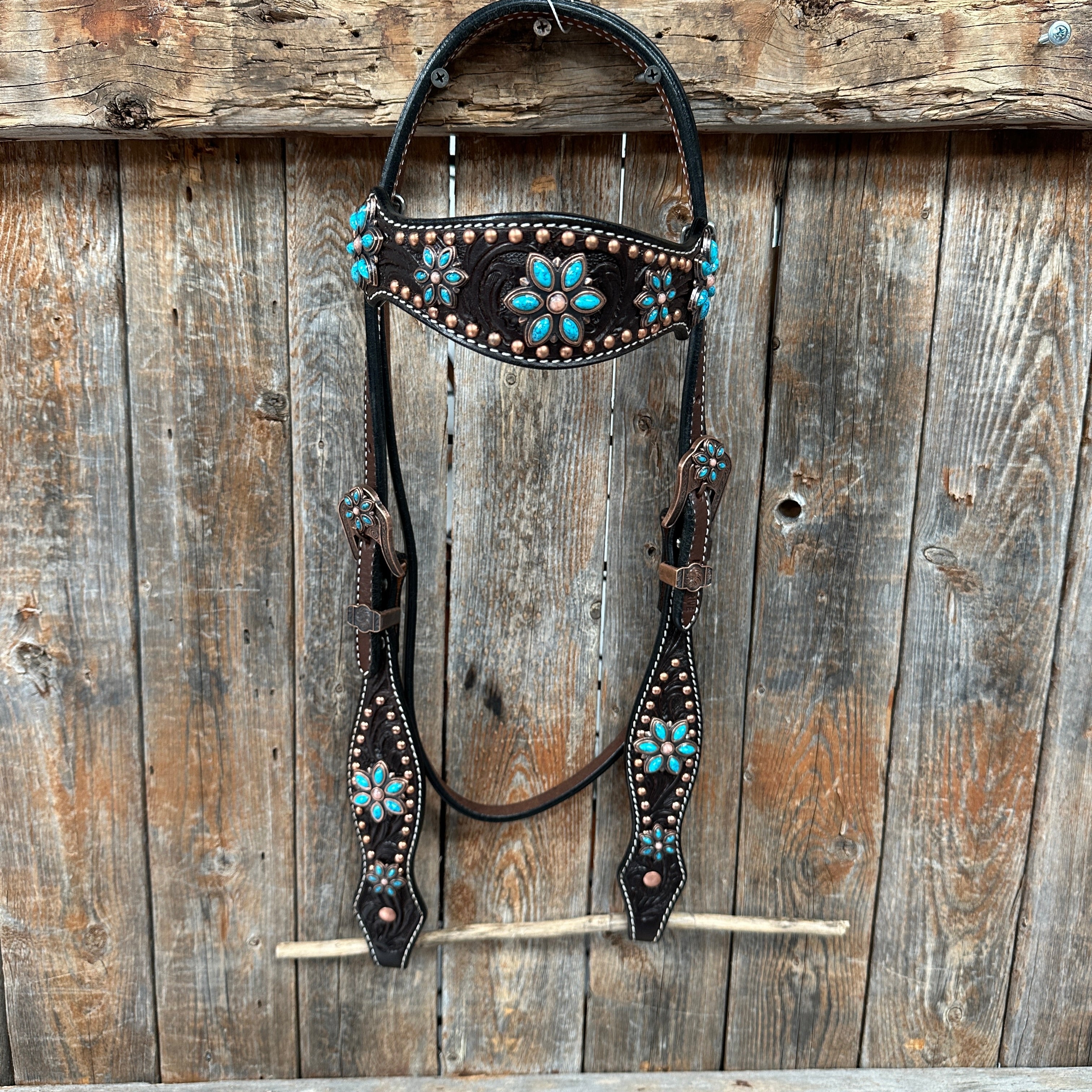 Dark Oil Turquoise Floral One Ear / Browband & Breastcollar Tack Set #OEBC433 — view 9