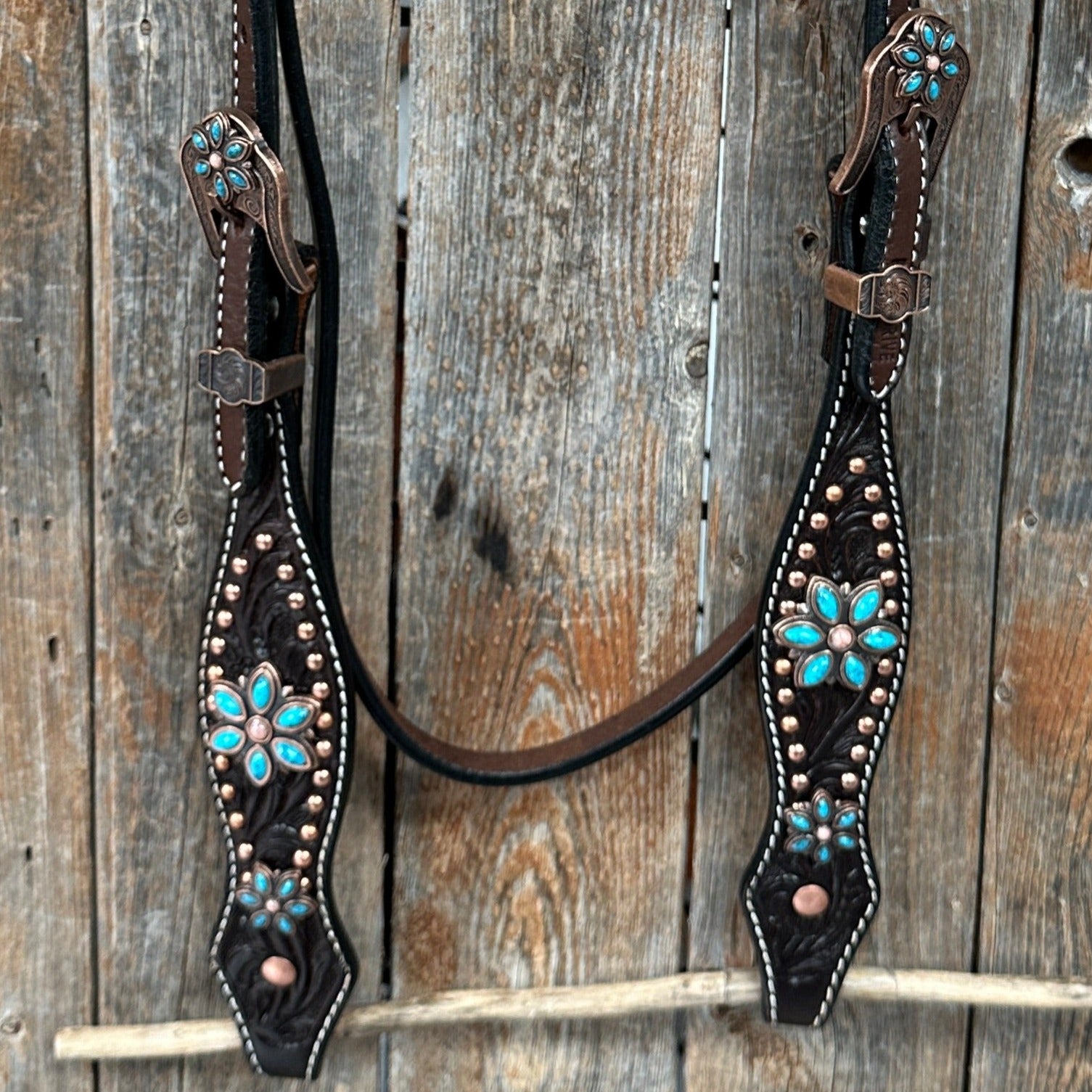 Dark Oil Turquoise Floral One Ear / Browband & Breastcollar Tack Set #OEBC433 — view 11