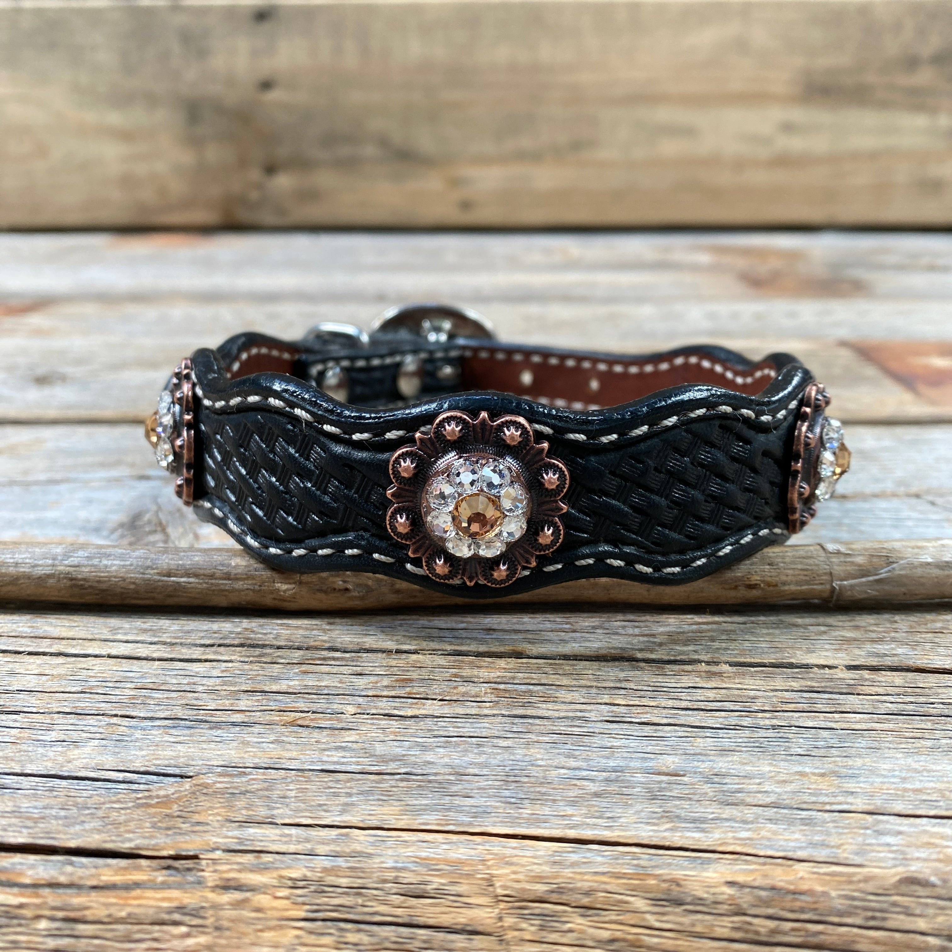 Genuine Leather Dog Collar With Copper Champagne and Clear Conchos 10" to 22" -DC34 — view 4