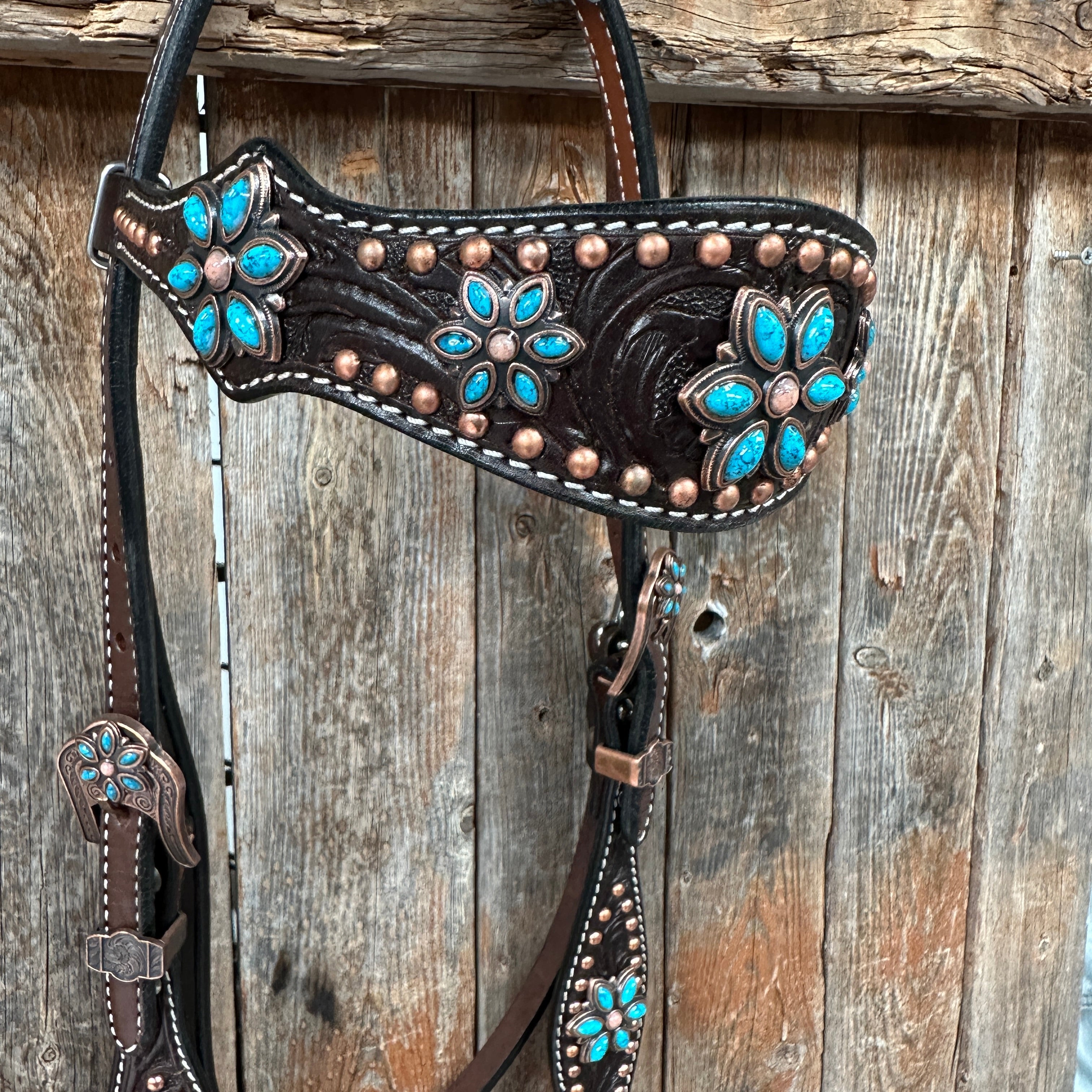 Dark Oil Turquoise Floral One Ear / Browband & Breastcollar Tack Set #OEBC433 — view 10