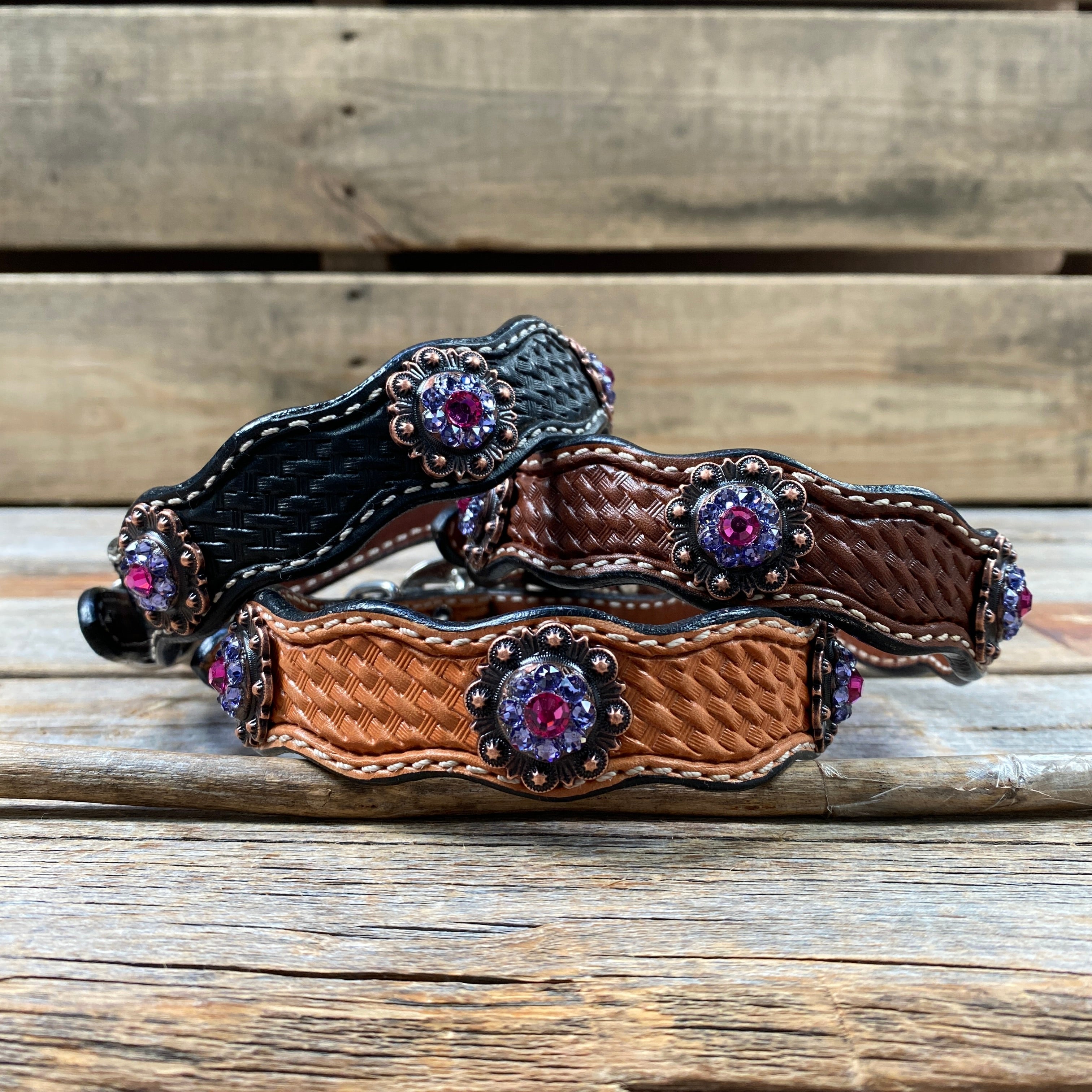 Genuine Leather Dog Collar or Leash With Copper Fuchsia and Lilac Conchos 10" to 22" orDC35 — view 2