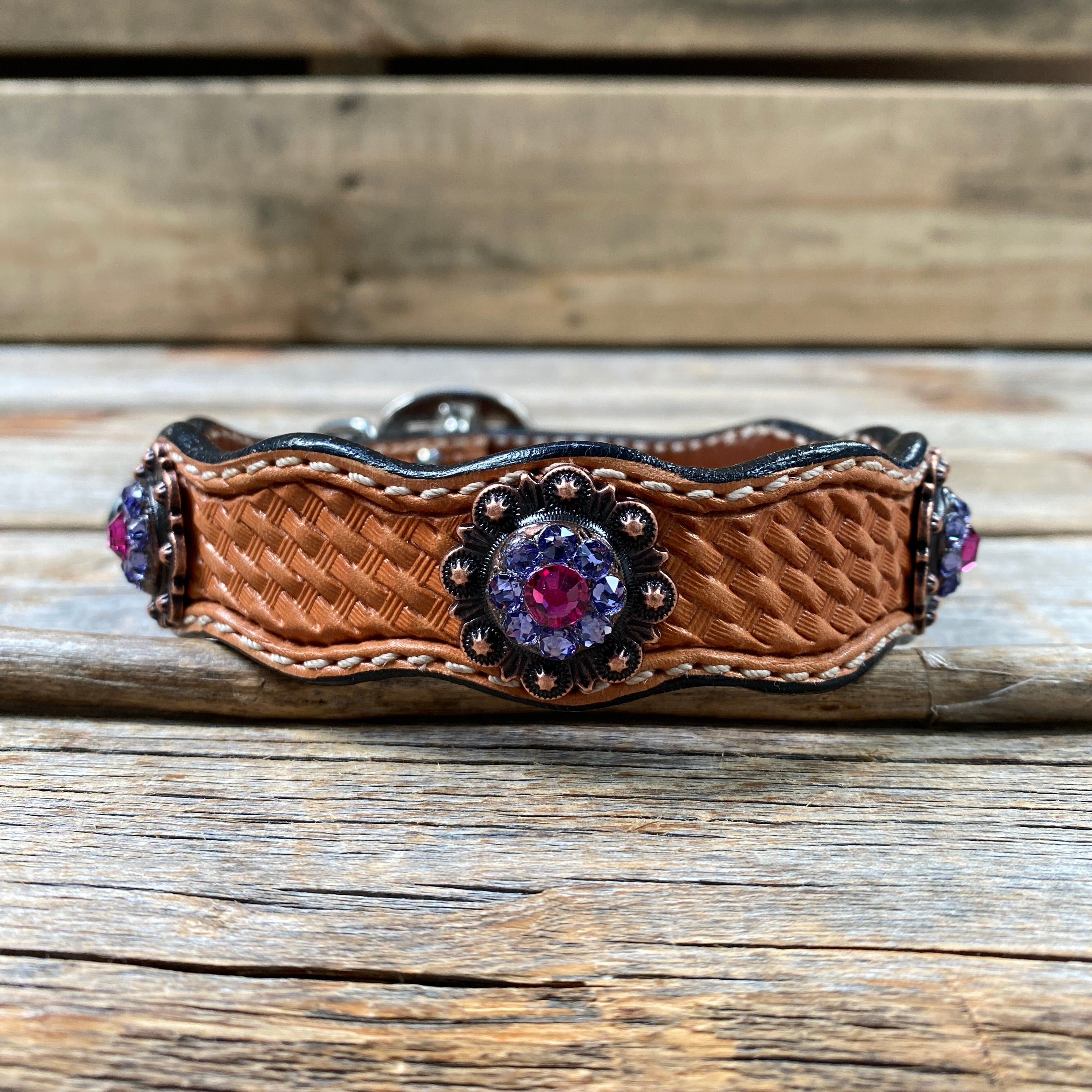 Genuine Leather Dog Collar or Leash With Copper Fuchsia and Lilac Conchos 10" to 22" orDC35 — view 3