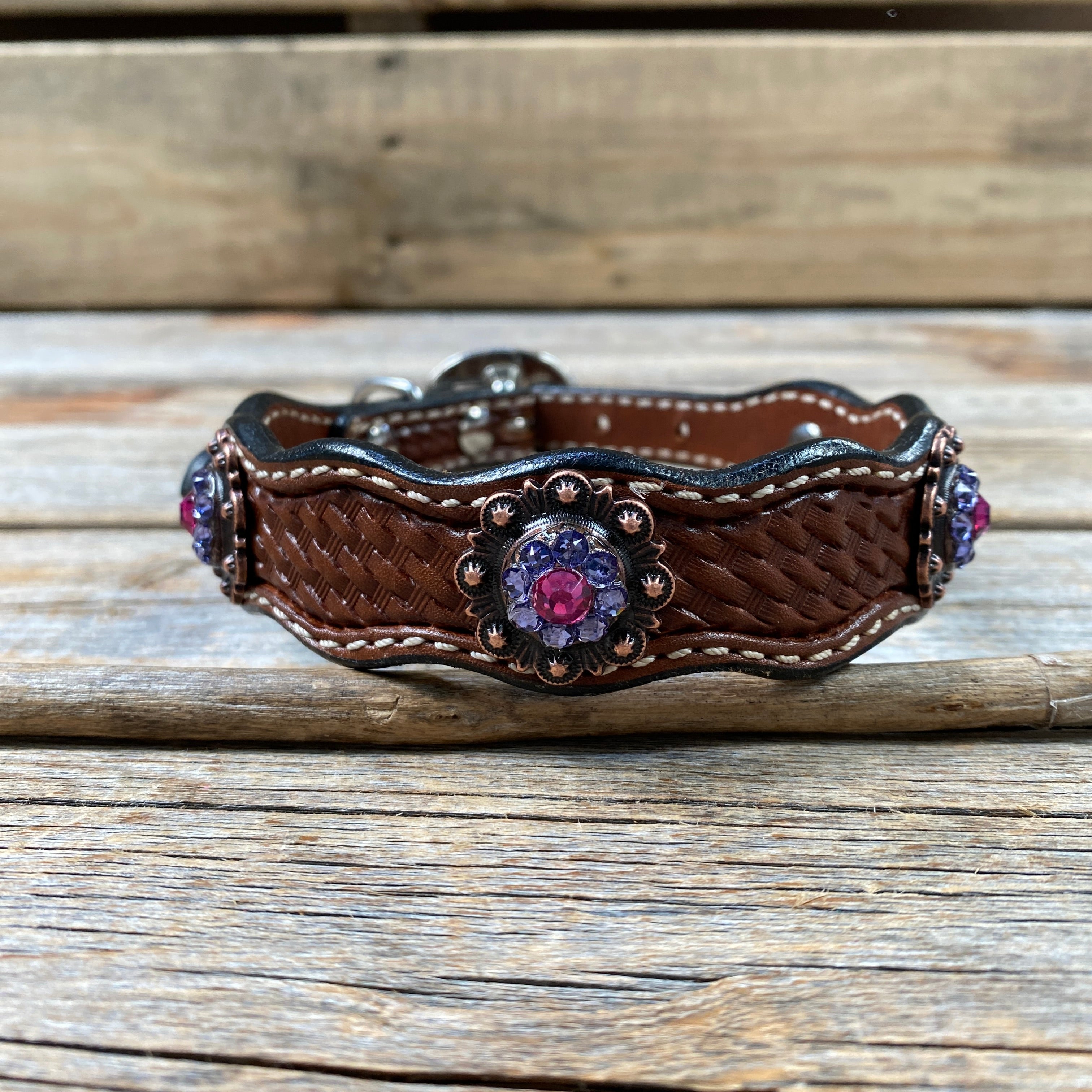 Genuine Leather Dog Collar or Leash With Copper Fuchsia and Lilac Conchos 10" to 22" orDC35 — view 4