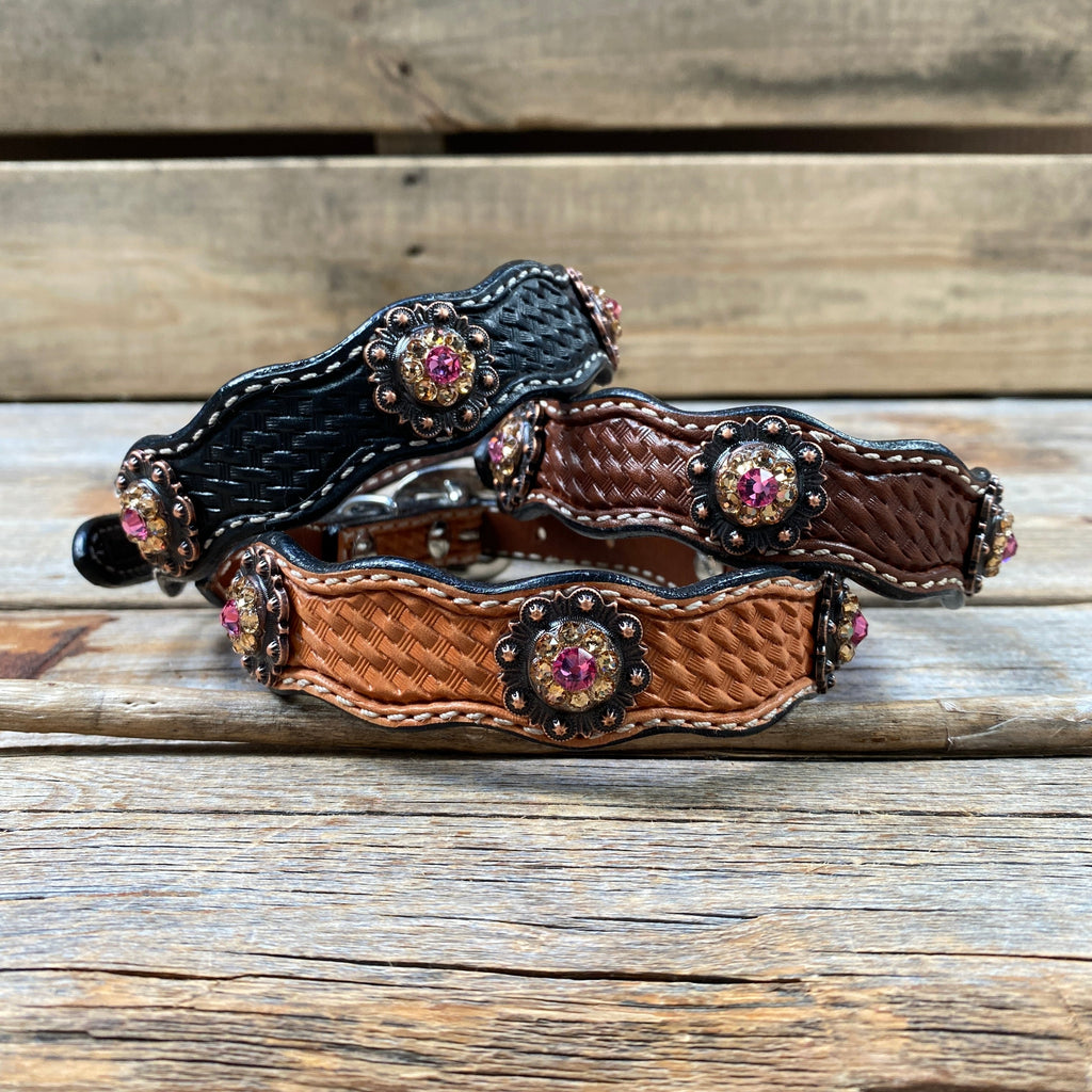 Genuine Leather Dog Collar or Leash With Copper Pink and Champagne Conchos 10" to 22" orDC36 — view 2