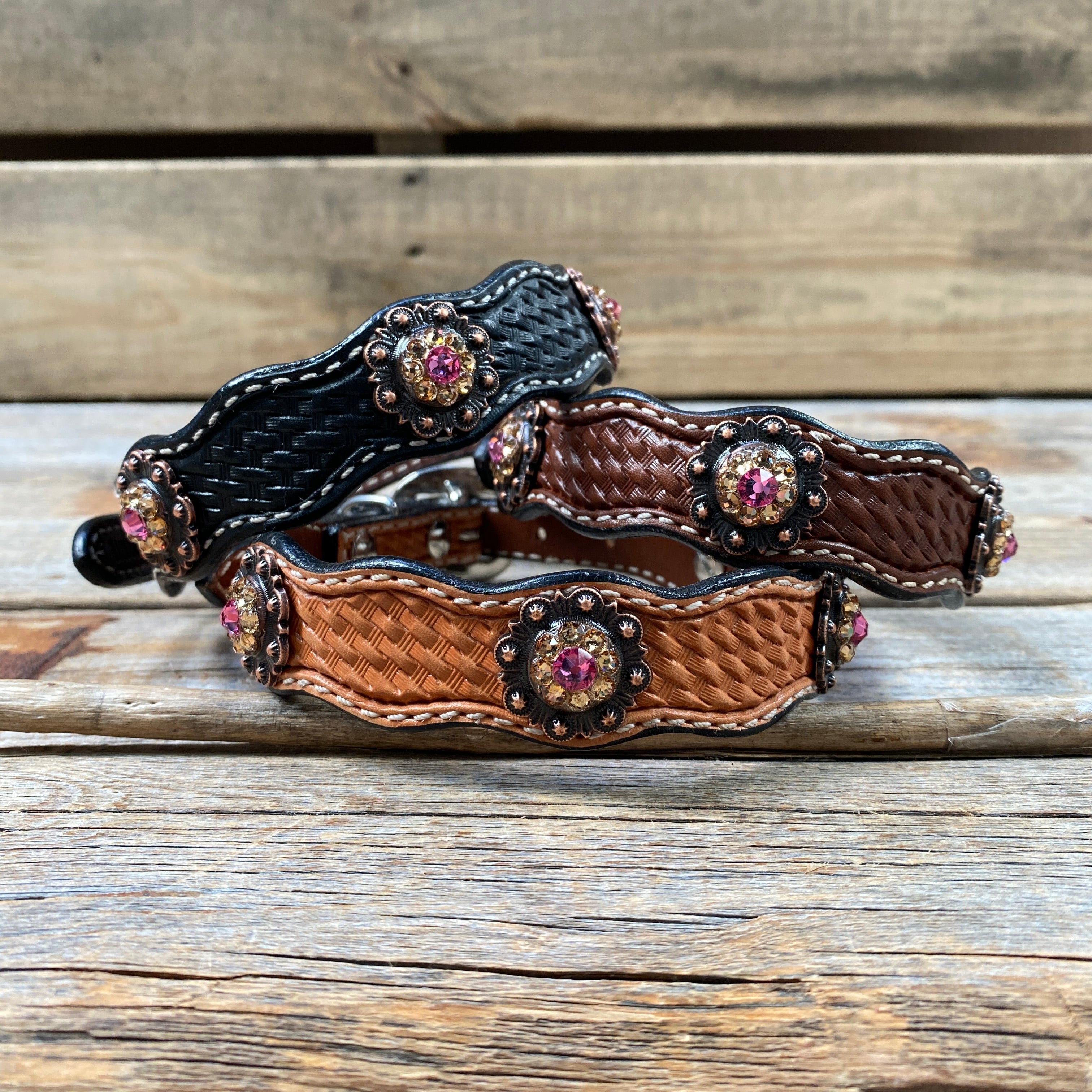 Genuine Leather Dog Collar or Leash With Copper Pink and Champagne Conchos 10" to 22" orDC36 — view 2