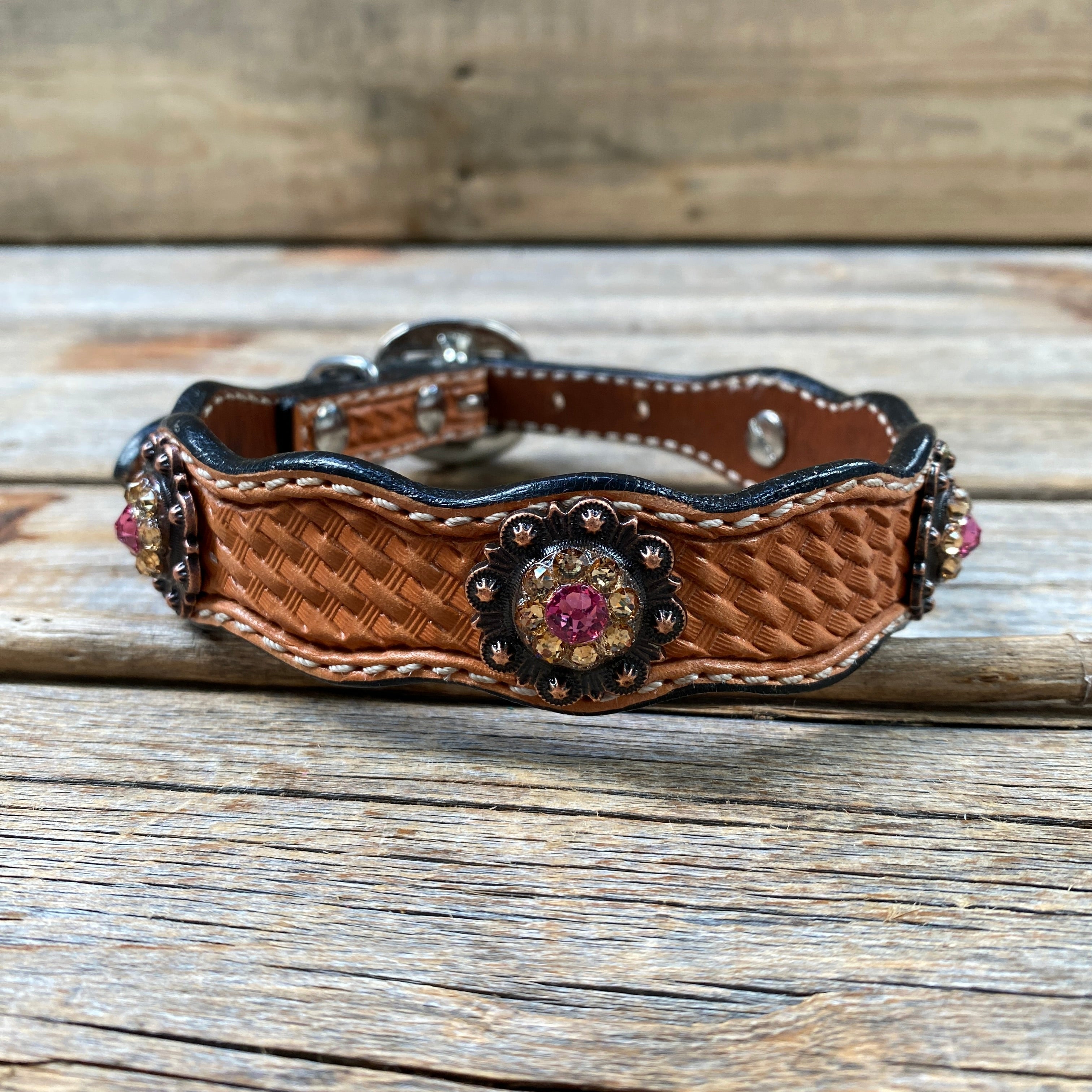 Genuine Leather Dog Collar or Leash With Copper Pink and Champagne Conchos 10" to 22" orDC36 — view 3