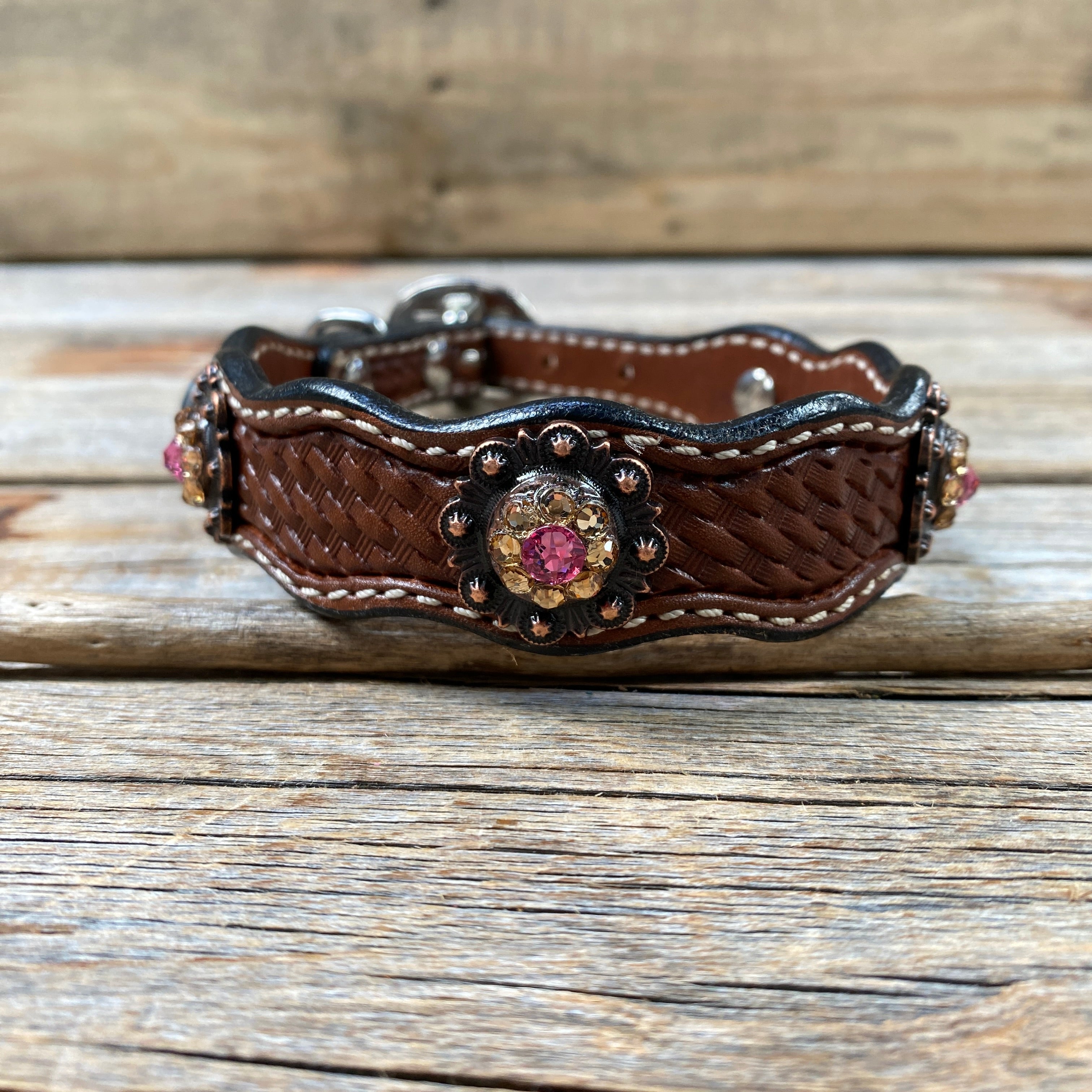 Genuine Leather Dog Collar or Leash With Copper Pink and Champagne Conchos 10" to 22" orDC36 — view 4