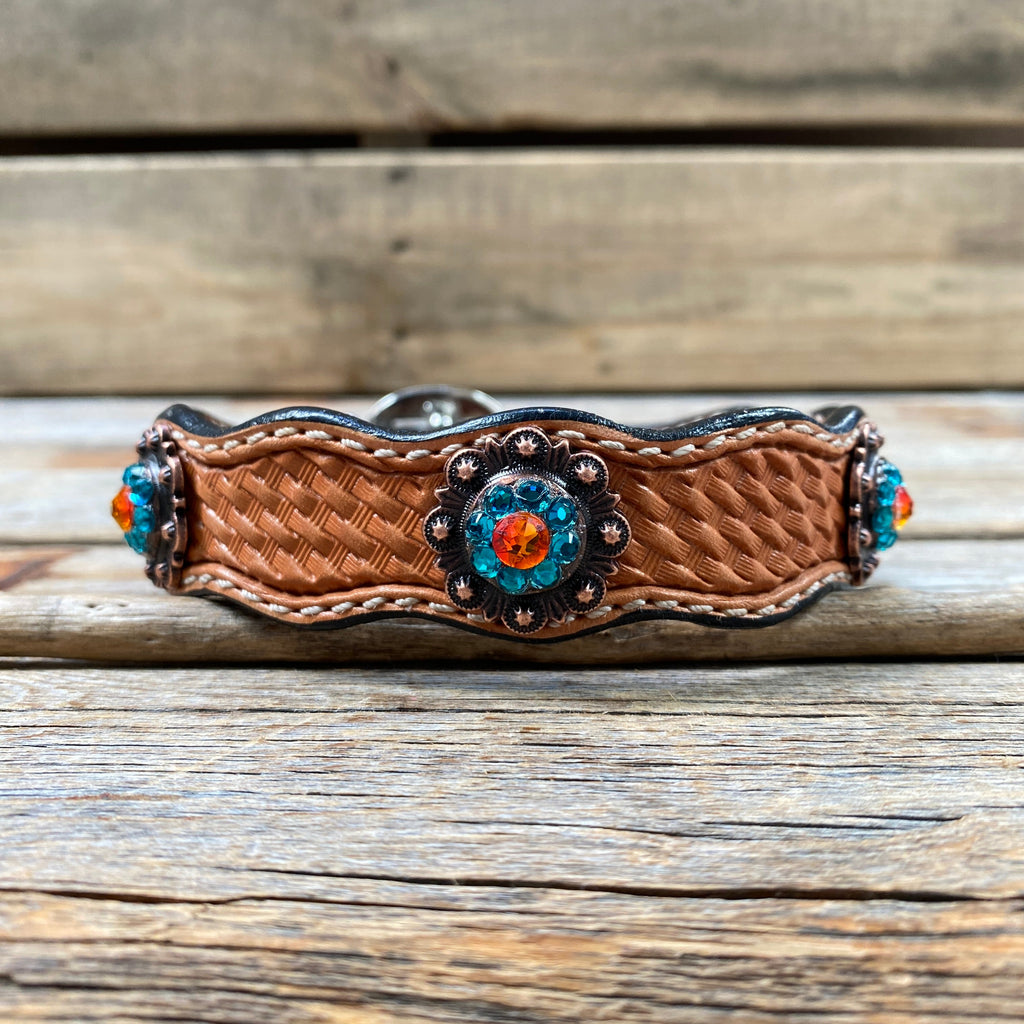 Genuine Leather Dog Collar With Copper Fire Opal and Teal Conchos 10" to 22" -DC37 — view 2