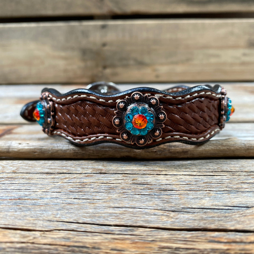 Genuine Leather Dog Collar With Copper Fire Opal and Teal Conchos 10" to 22" -DC37 — view 3