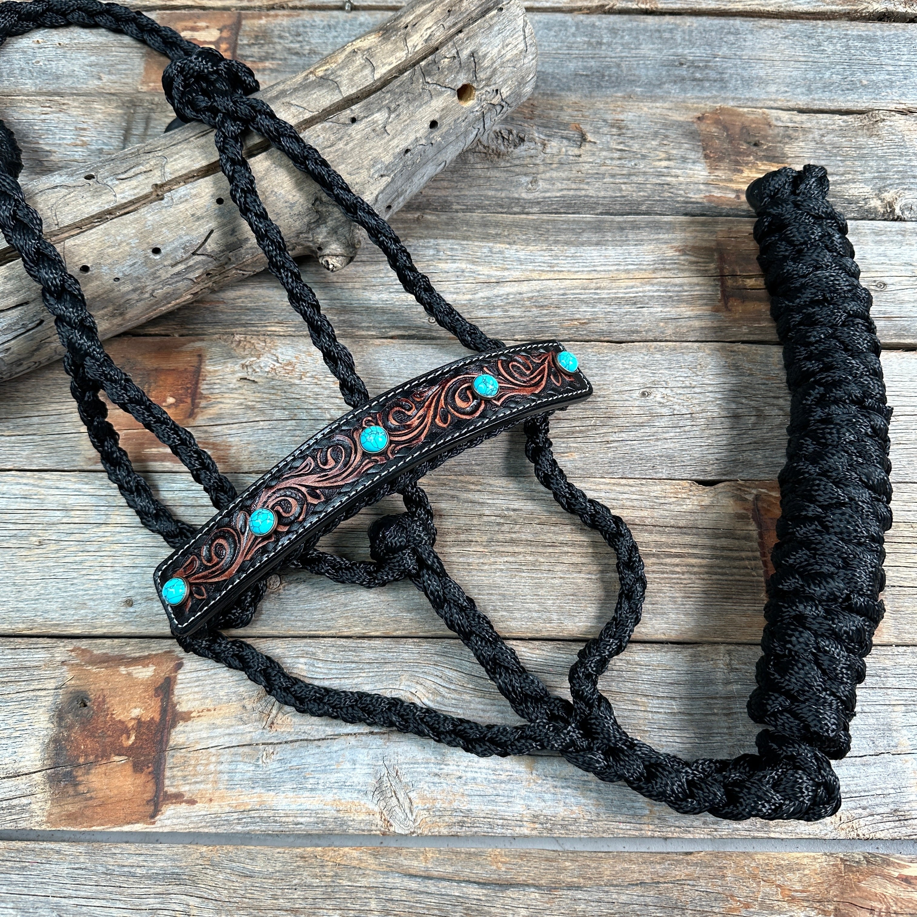 Black Mule Tape Halter -Turquoise Cabochon #MT226 — view 2