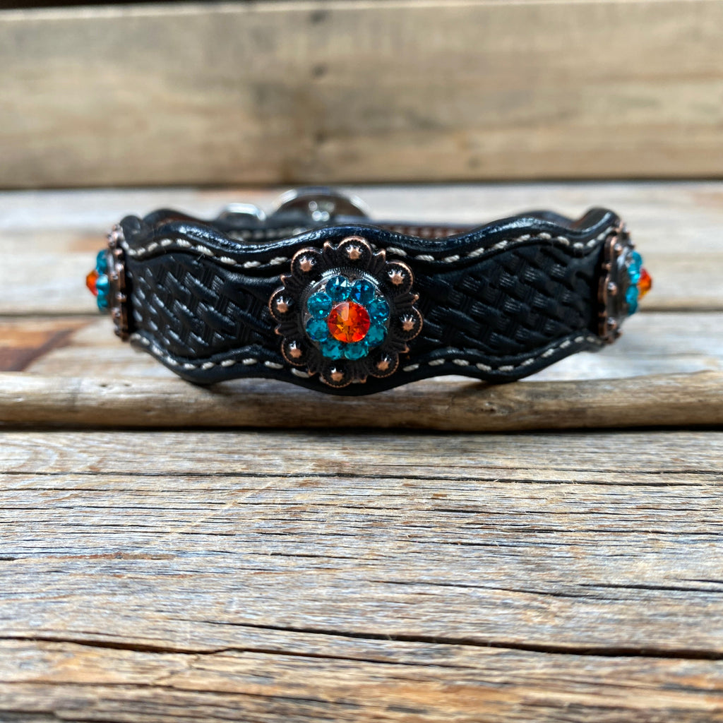 Genuine Leather Dog Collar With Copper Fire Opal and Teal Conchos 10" to 22" -DC37 — view 4