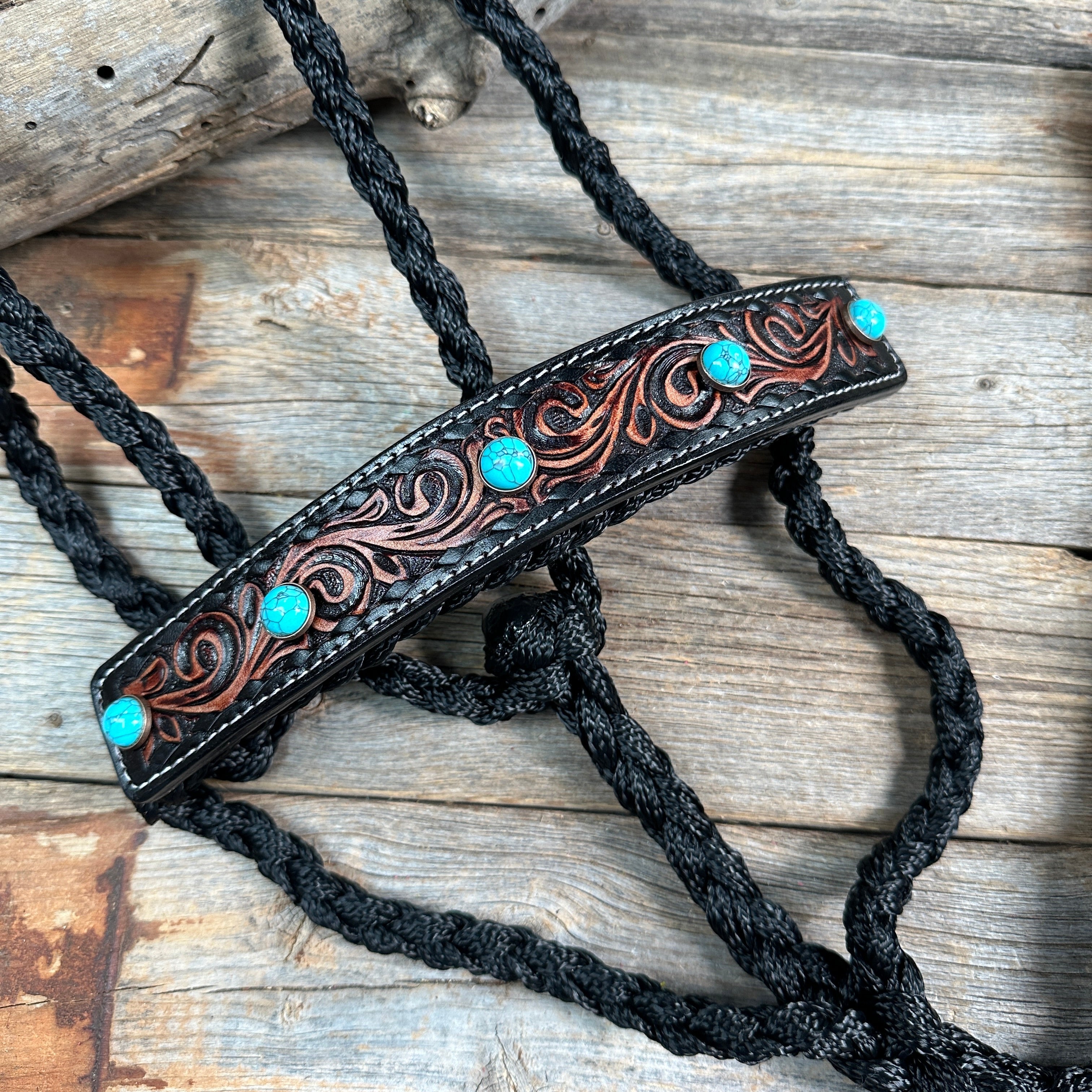 Black Mule Tape Halter -Turquoise Cabochon #MT226 — view 3
