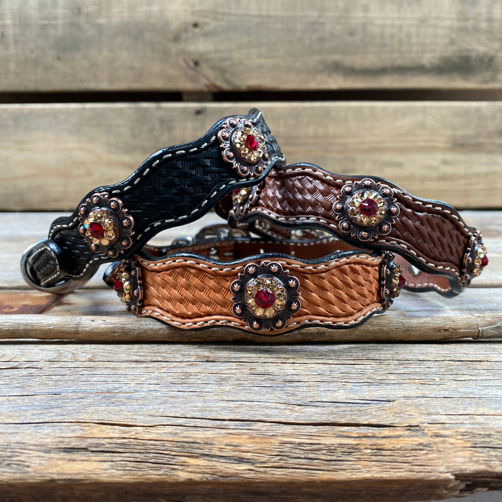 Genuine Leather Dog Collar or Leash With Copper Ruby and Champagne Conchos 10" to 22" orDC38 — view 2