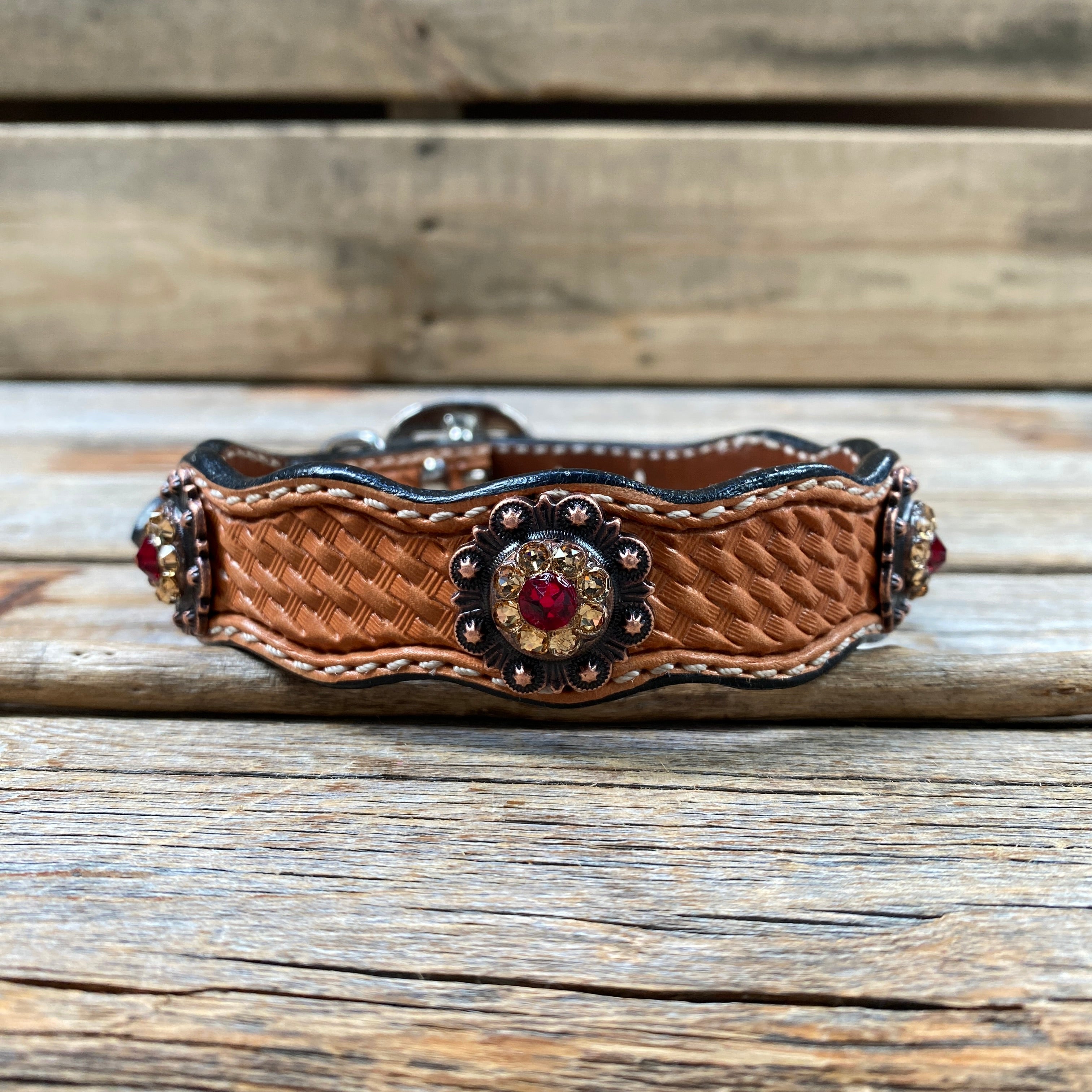 Genuine Leather Dog Collar or Leash With Copper Ruby and Champagne Conchos 10" to 22" orDC38 — view 3