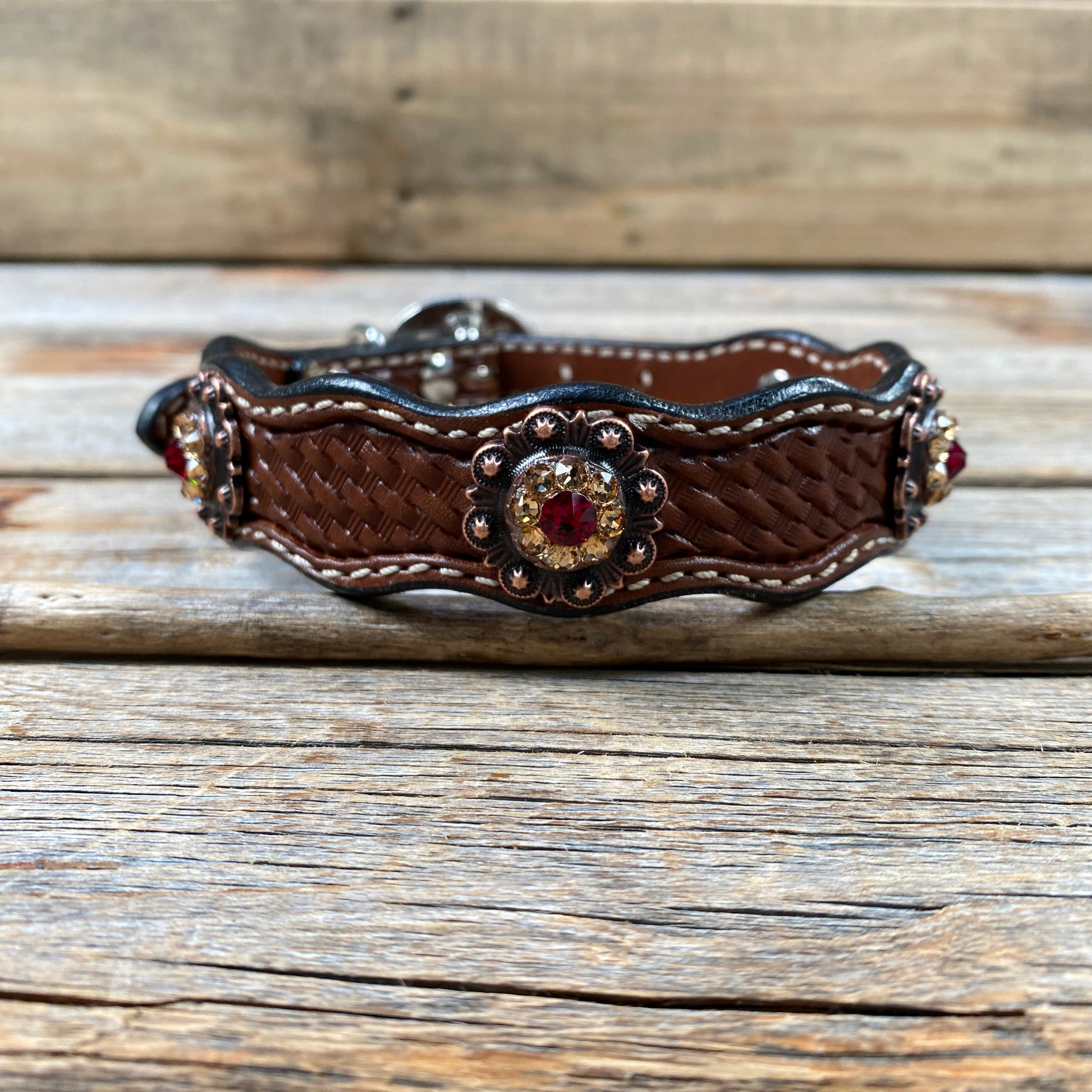 Genuine Leather Dog Collar or Leash With Copper Ruby and Champagne Conchos 10" to 22" orDC38 — view 4