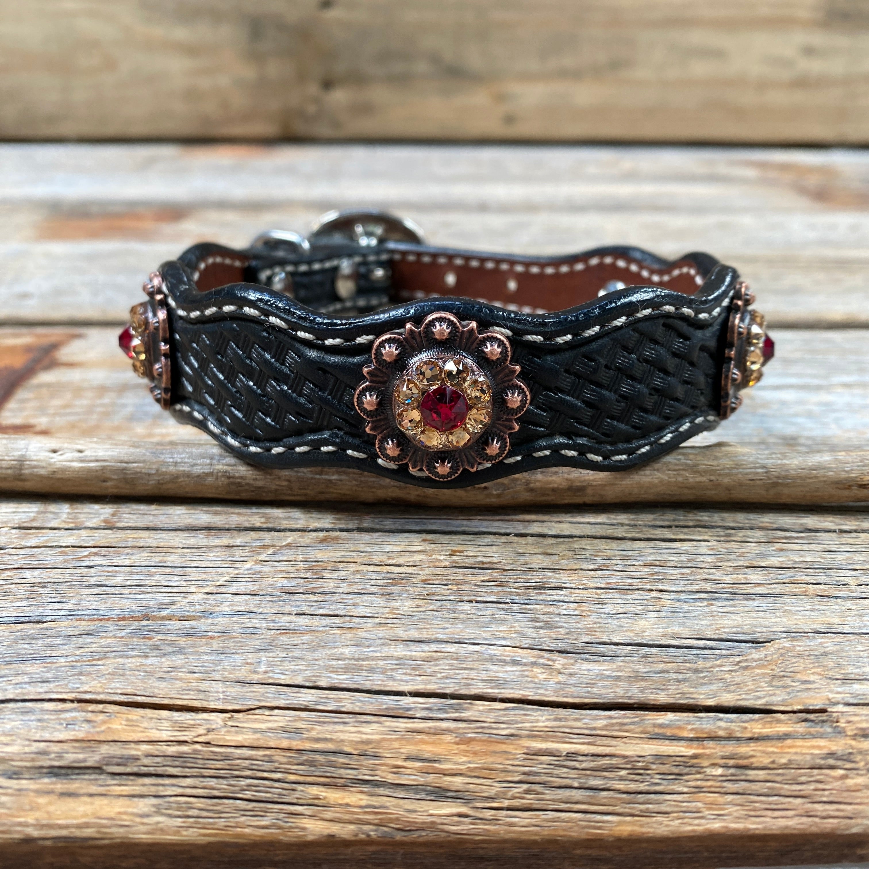 Genuine Leather Dog Collar or Leash With Copper Ruby and Champagne Conchos 10" to 22" orDC38 — view 5