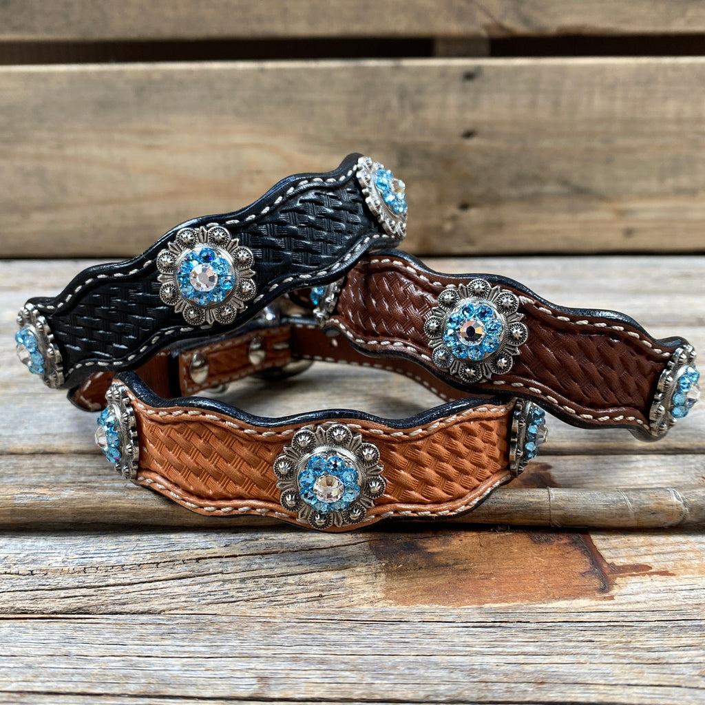 Genuine Leather Dog Collar With Antique Silver Aqua and Clear Conchos 10" to 22" -DC39