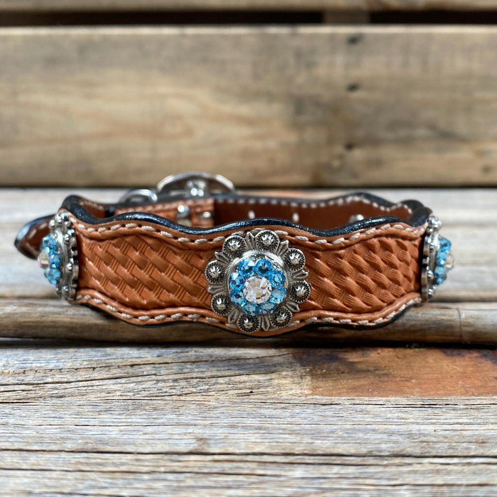 Genuine Leather Dog Collar With Antique Silver Aqua and Clear Conchos 10" to 22" -DC39 — view 2