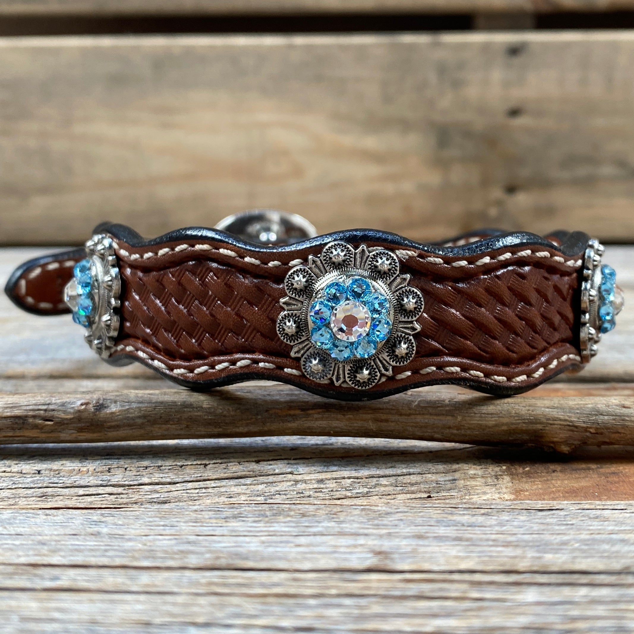 Genuine Leather Dog Collar With Antique Silver Aqua and Clear Conchos 10" to 22" -DC39 — view 3