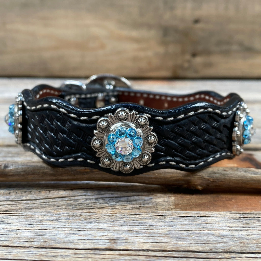 Genuine Leather Dog Collar With Antique Silver Aqua and Clear Conchos 10" to 22" -DC39 — view 4