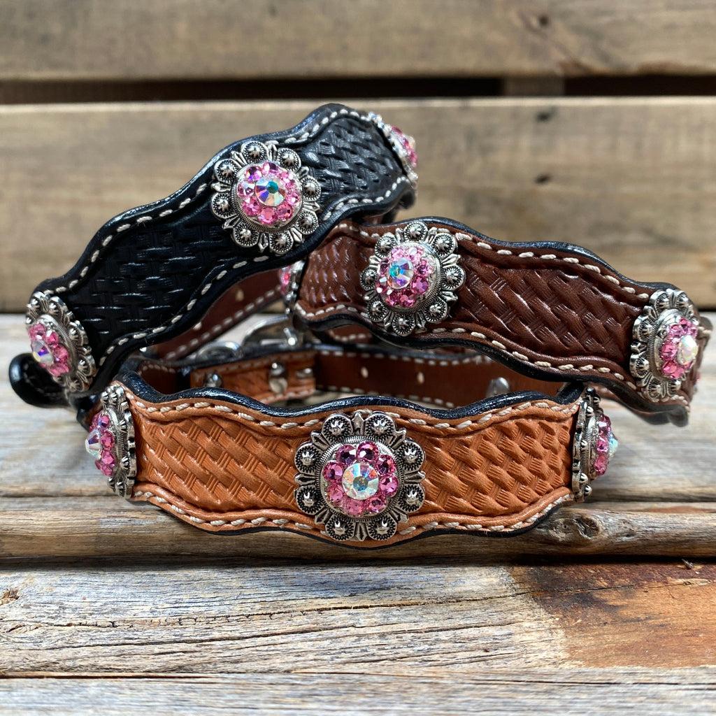 Genuine Leather Dog Collar or Leash With Antique Silver Pink and AB Conchos 10" to 22" orDC40 — view 2