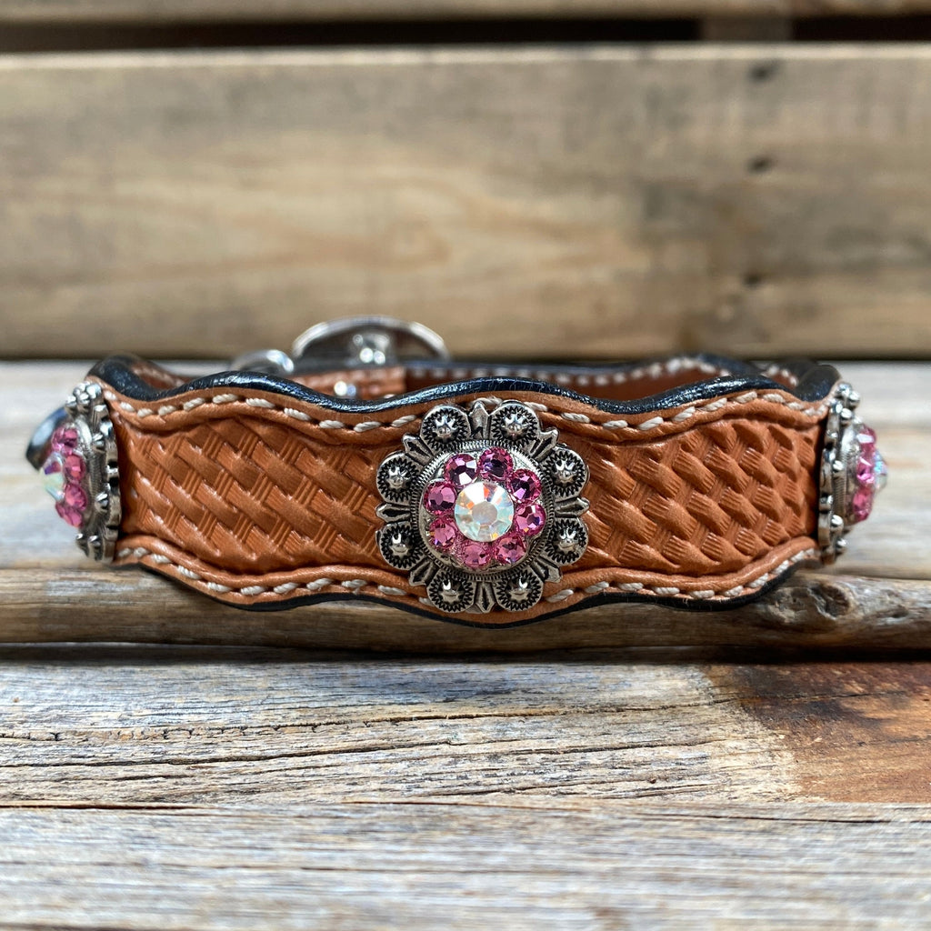 Genuine Leather Dog Collar or Leash With Antique Silver Pink and AB Conchos 10" to 22" orDC40 — view 3