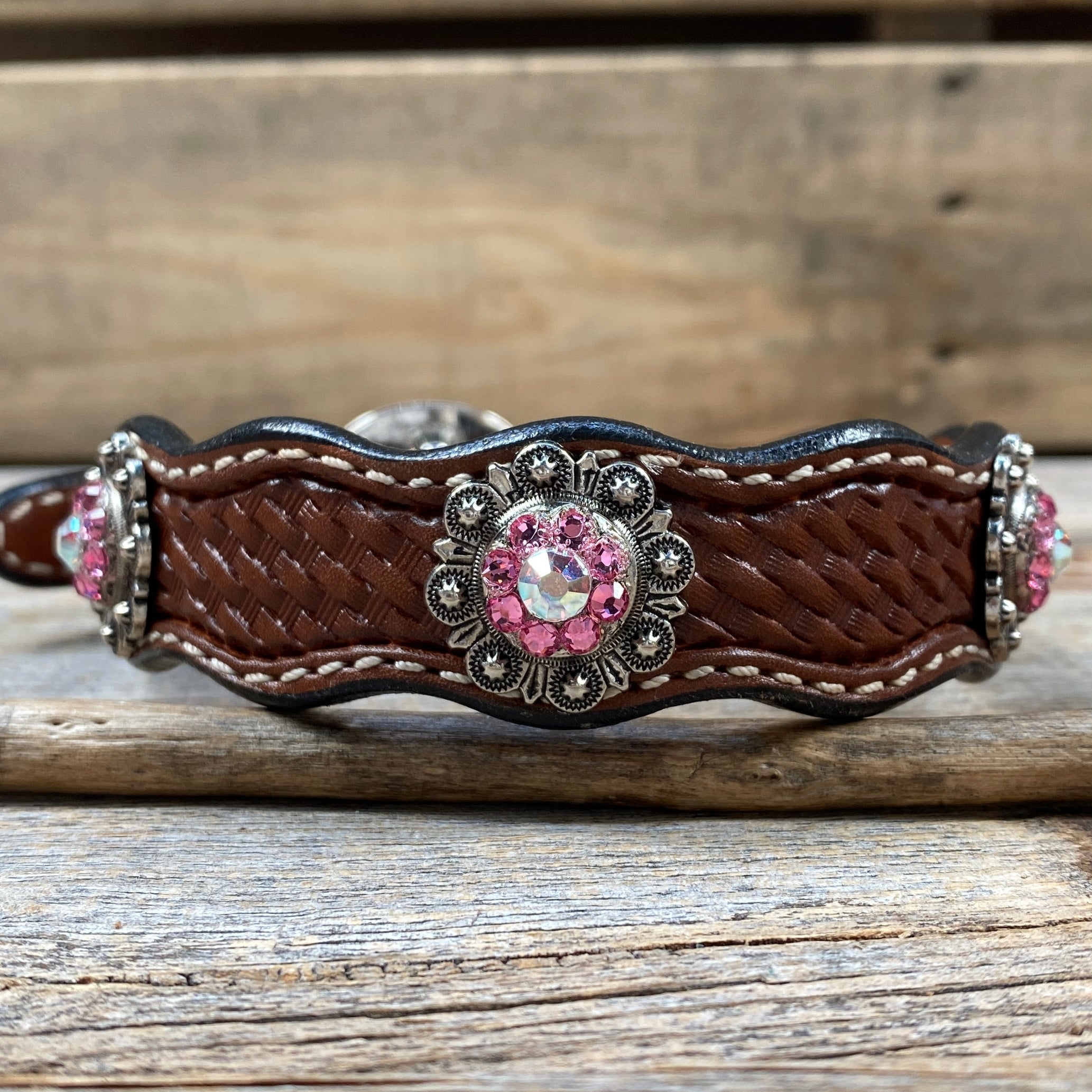 Genuine Leather Dog Collar or Leash With Antique Silver Pink and AB Conchos 10" to 22" orDC40 — view 4
