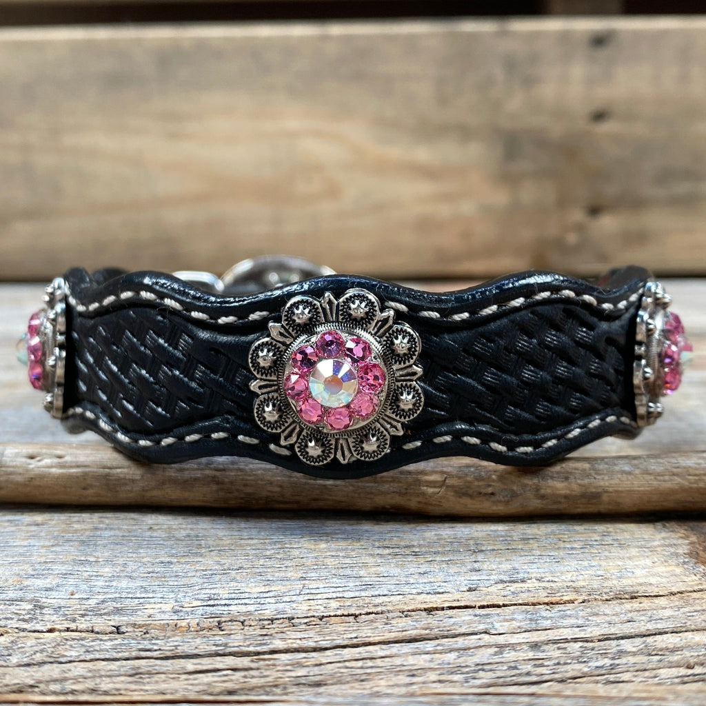 Genuine Leather Dog Collar or Leash With Antique Silver Pink and AB Conchos 10" to 22" orDC40 — view 5