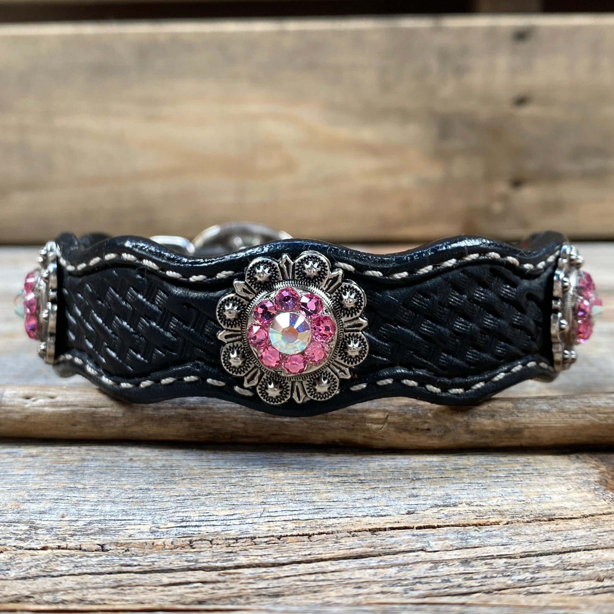 Genuine Leather Dog Collar or Leash With Antique Silver Pink and AB Conchos 10" to 22" orDC40 — view 5