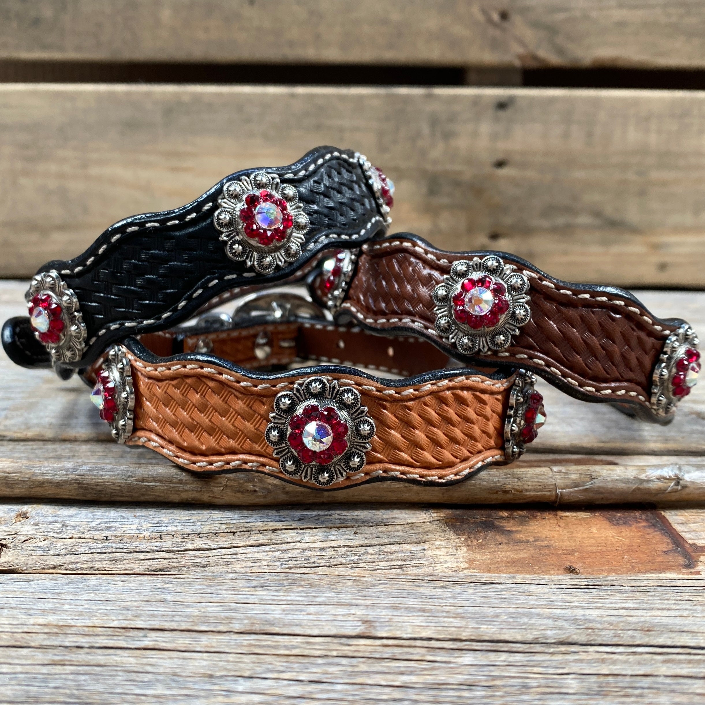 Genuine Leather Dog Collar or Leash With Antique Silver Ruby and AB Conchos 10" to 22" orDC41 — view 2