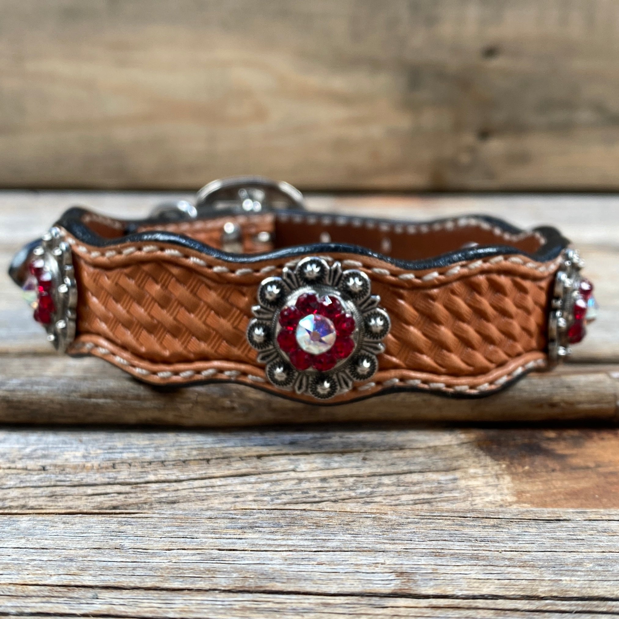 Genuine Leather Dog Collar or Leash With Antique Silver Ruby and AB Conchos 10" to 22" orDC41 — view 3