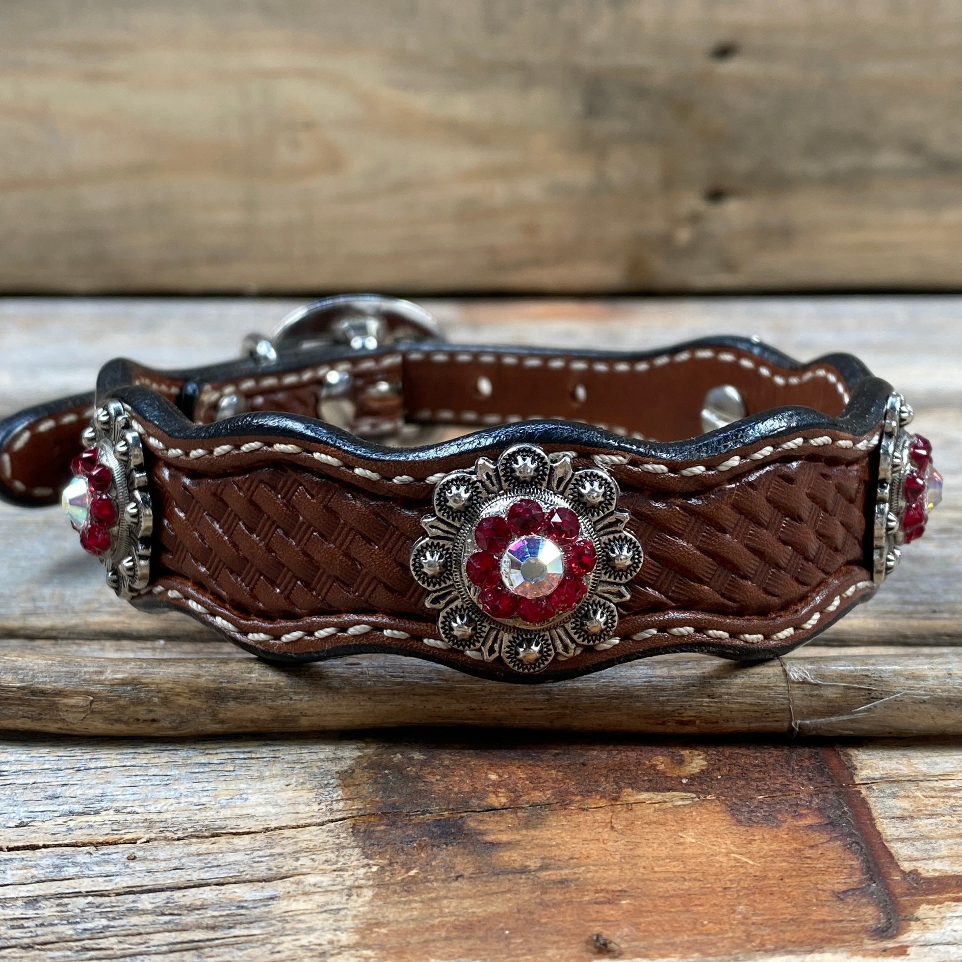 Genuine Leather Dog Collar or Leash With Antique Silver Ruby and AB Conchos 10" to 22" orDC41 — view 4