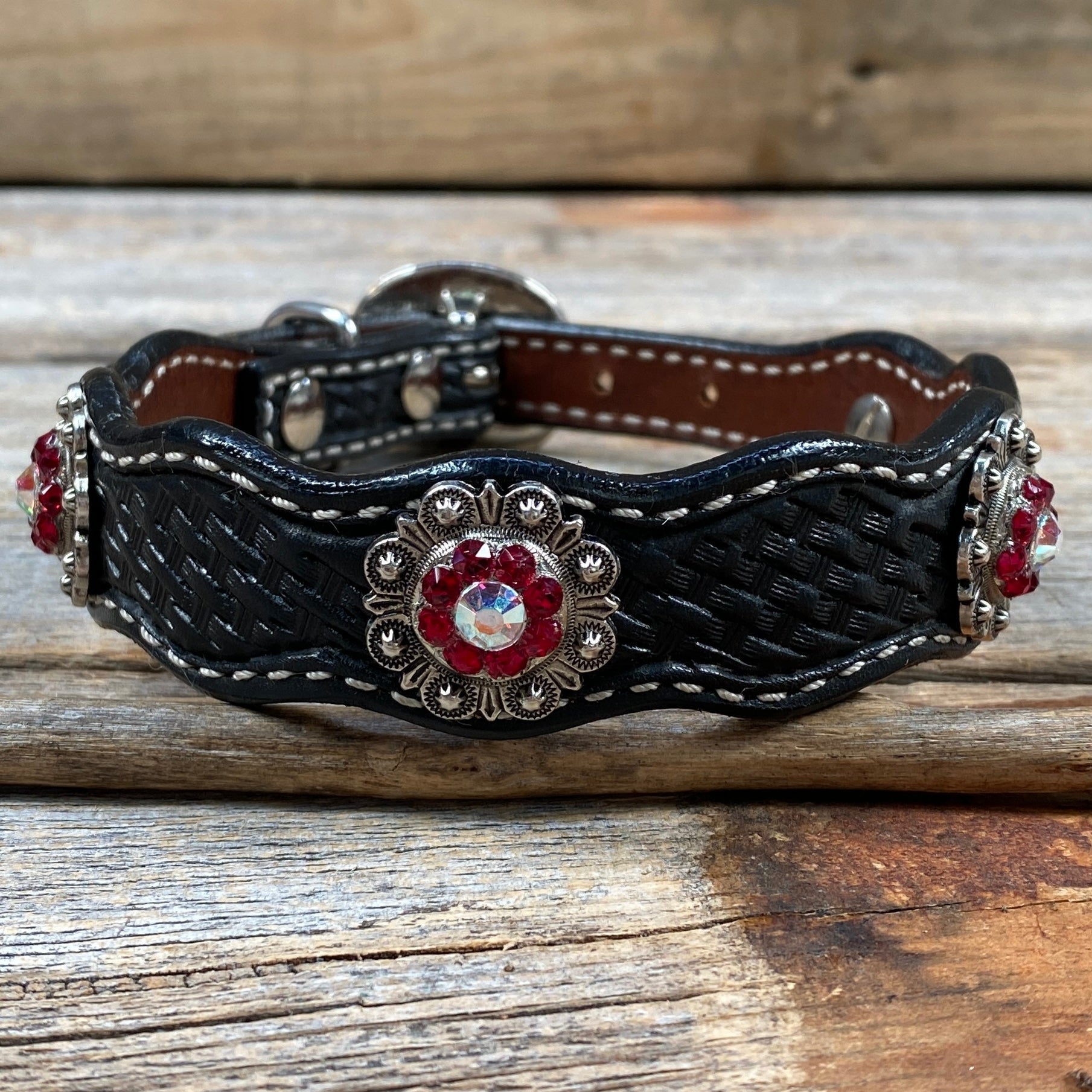 Genuine Leather Dog Collar or Leash With Antique Silver Ruby and AB Conchos 10" to 22" orDC41 — view 5