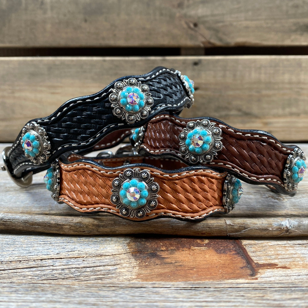Genuine Leather Dog Collar or Leash With Antique Silver Turquoise and AB Conchos 10" to 22" orDC5 — view 2